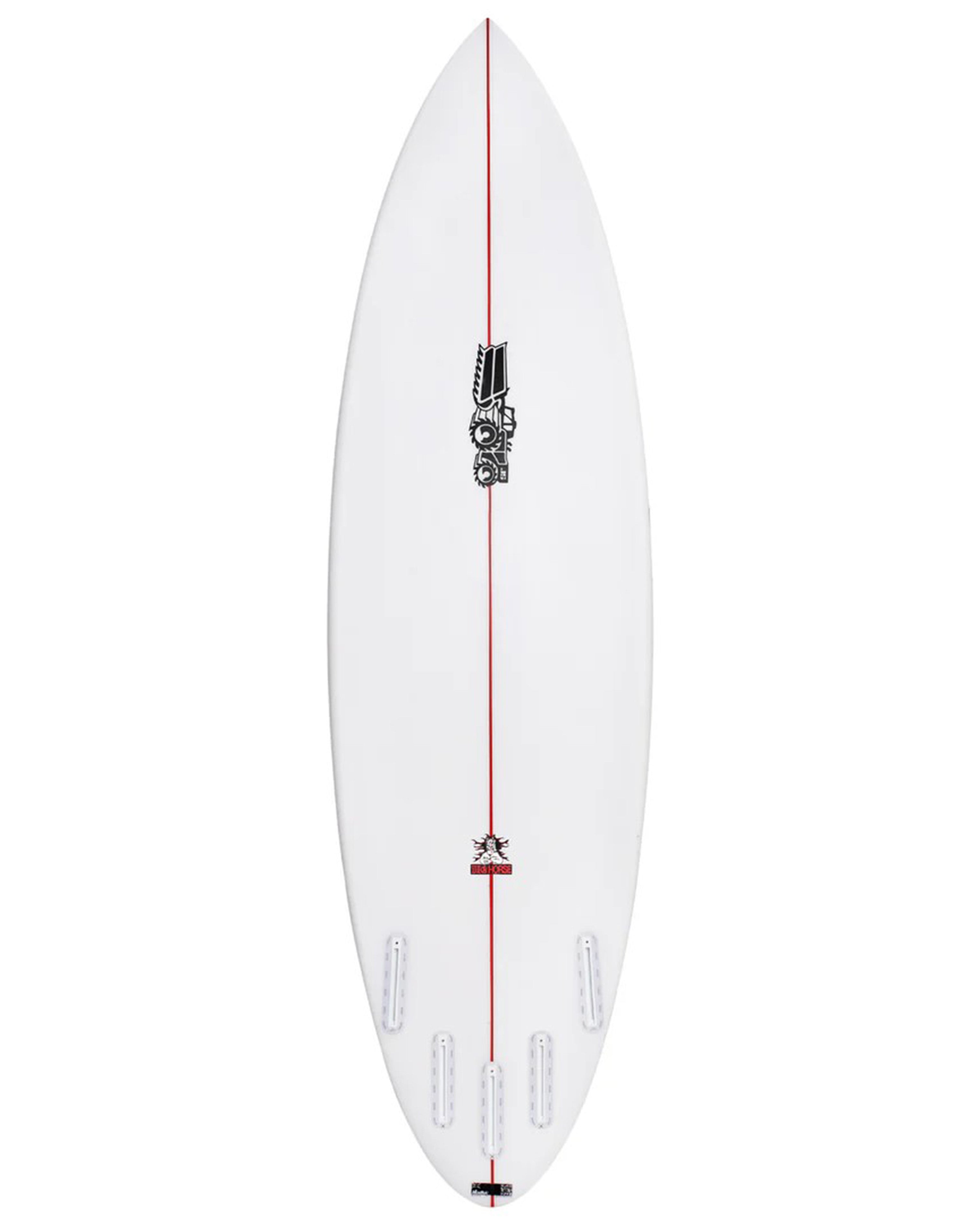 JS surfboard bottom view showing five fin setup, red stringer and dual logo detailing