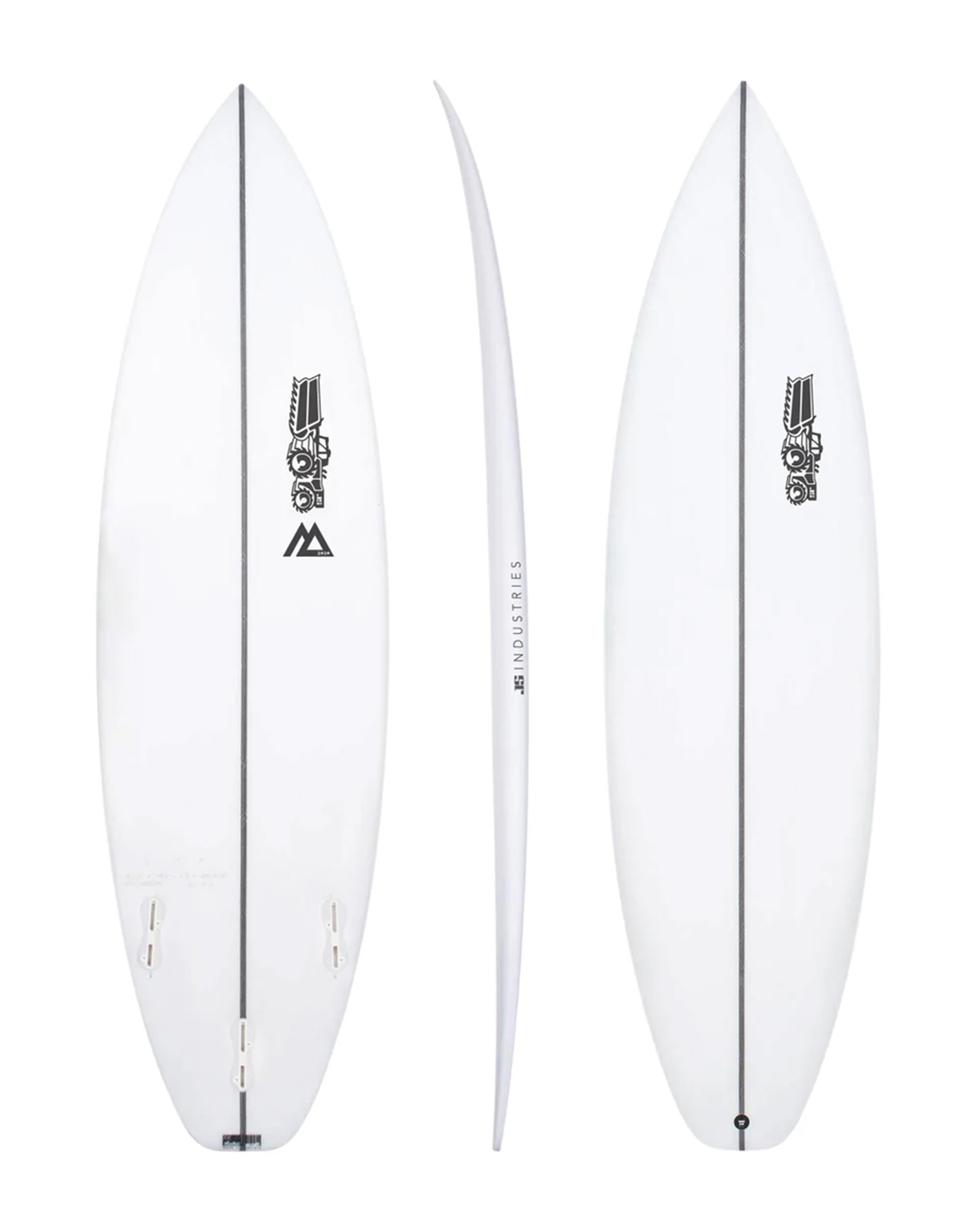 Three-angle view of white shortboard showing deck, bottom, and rocker profile with stringer and logos.