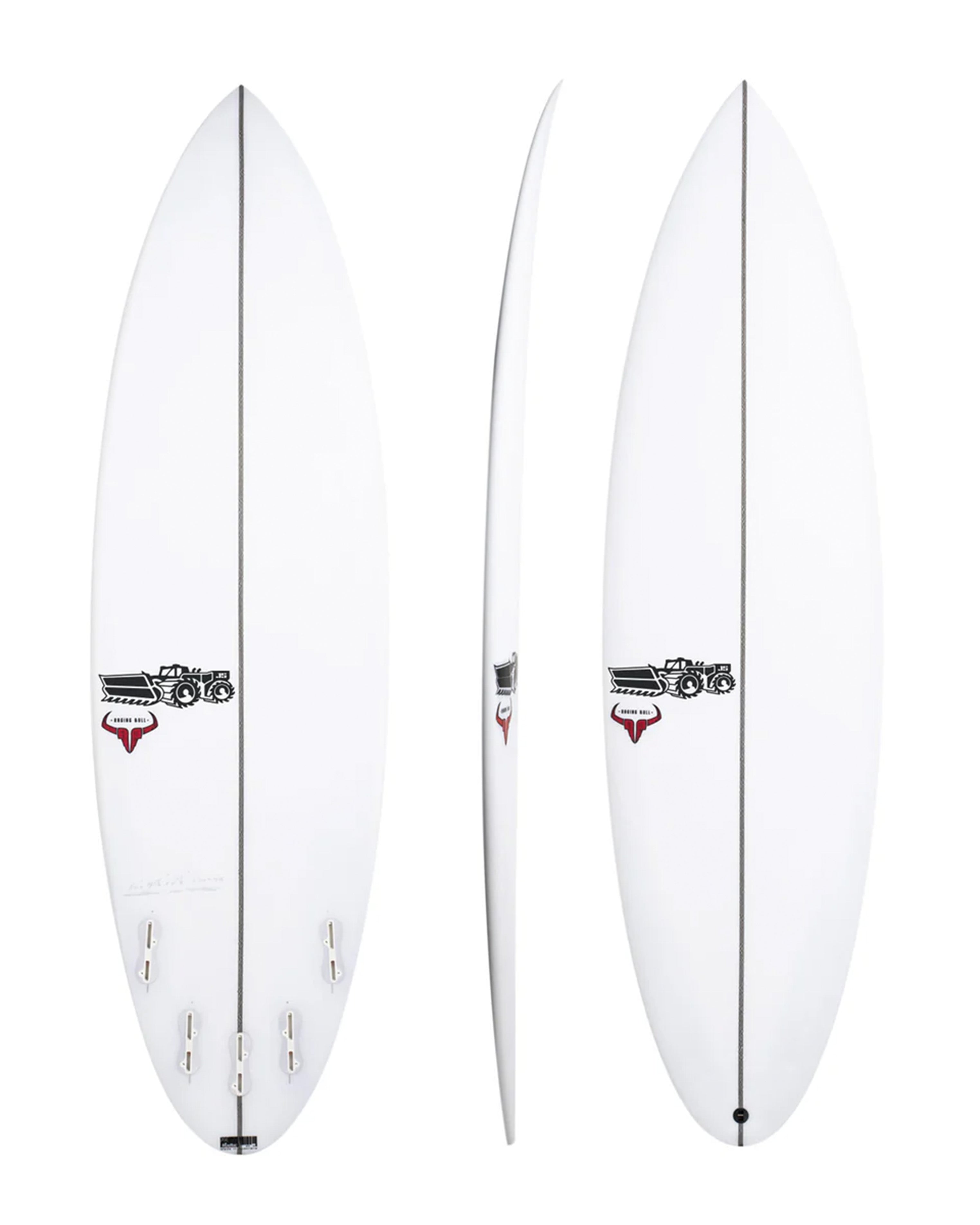 Three-angle view of a white shortboard featuring quad fin setup, tapered rails, and black and red branding above the tail.