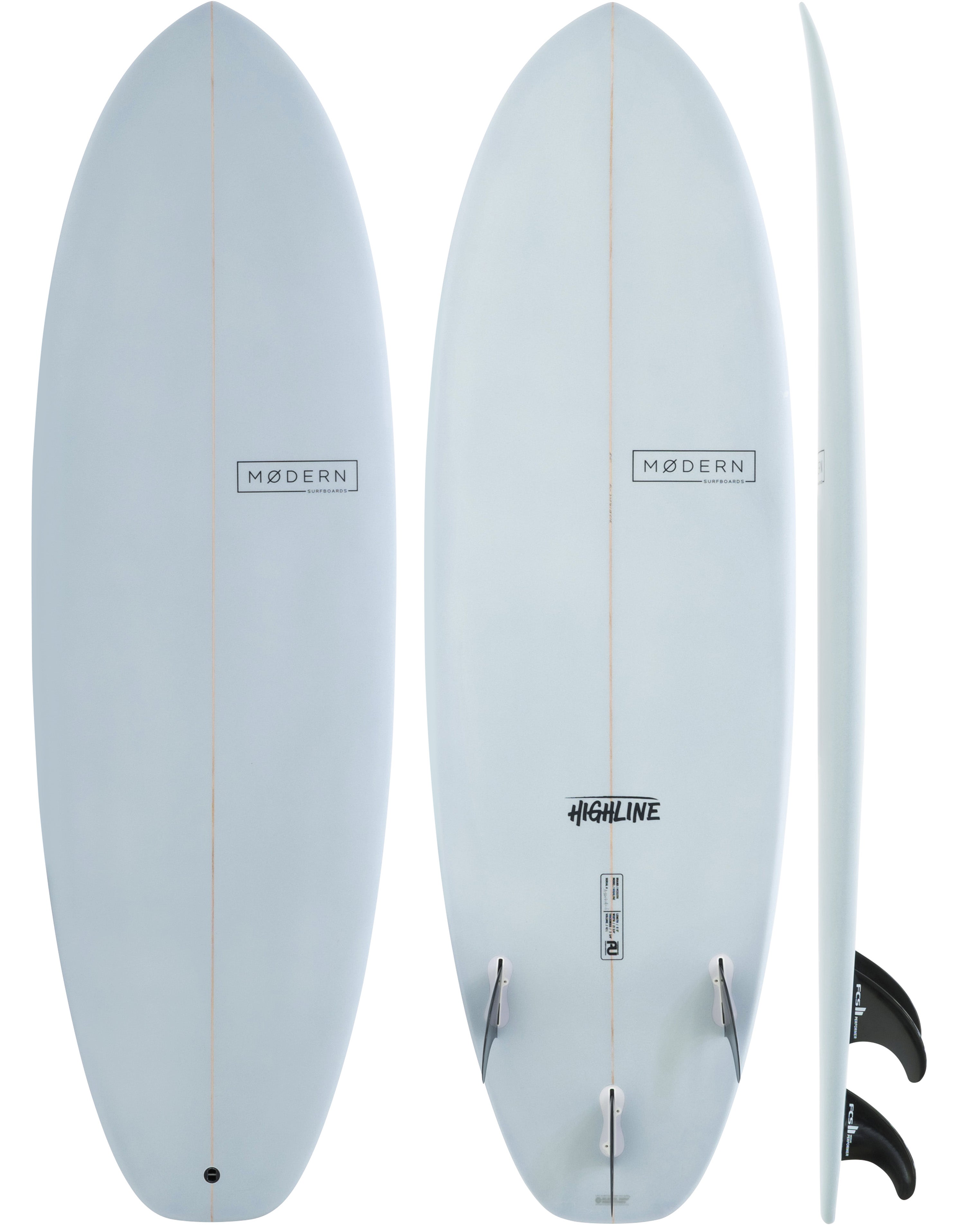 Cool grey Modern Highline surfboard with minimal branding, rounded shape, and tri-fin setup, displayed in triple view.