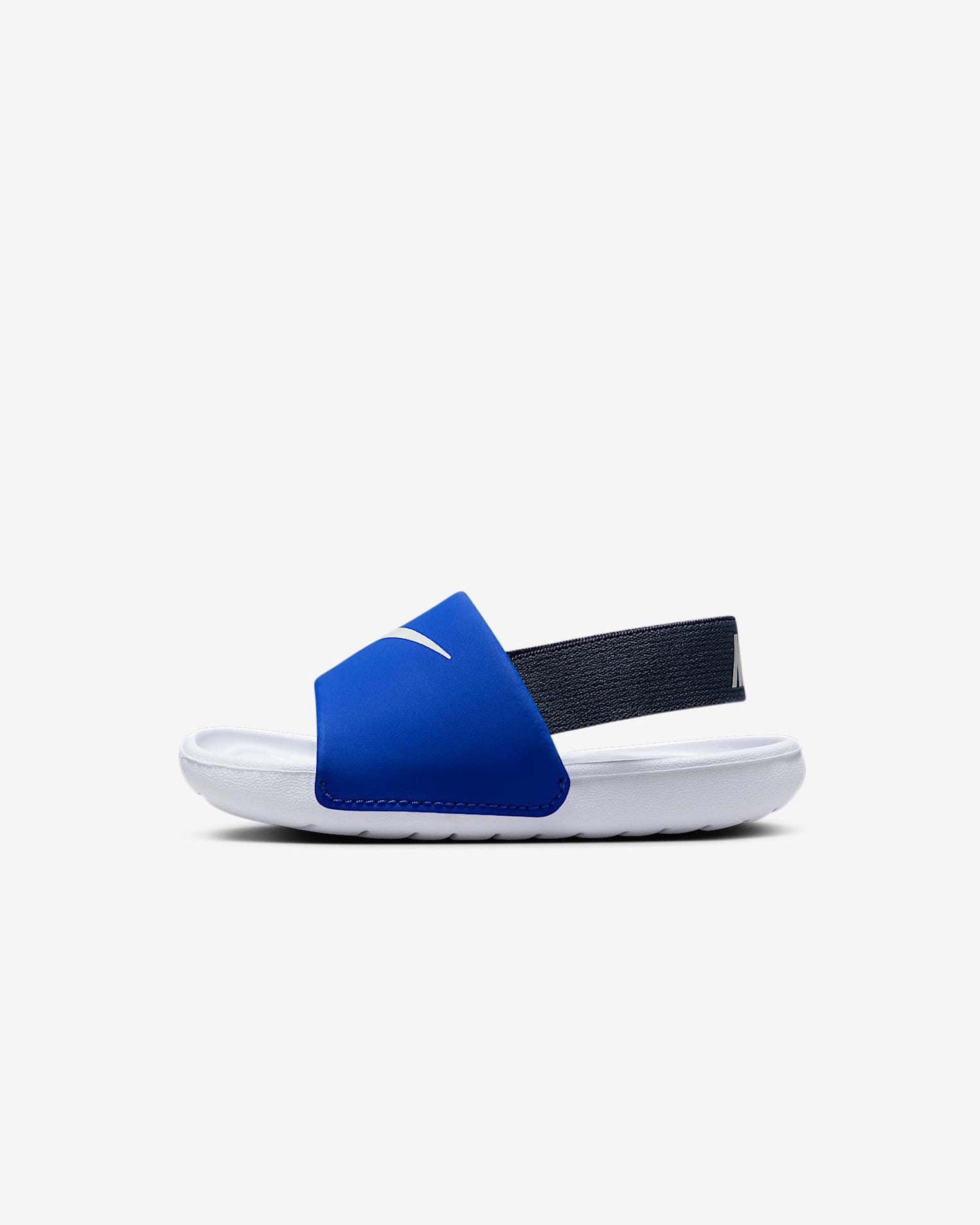 Side profile of Nike kids' slide with blue strap, white sole, and stretchy black heel band.