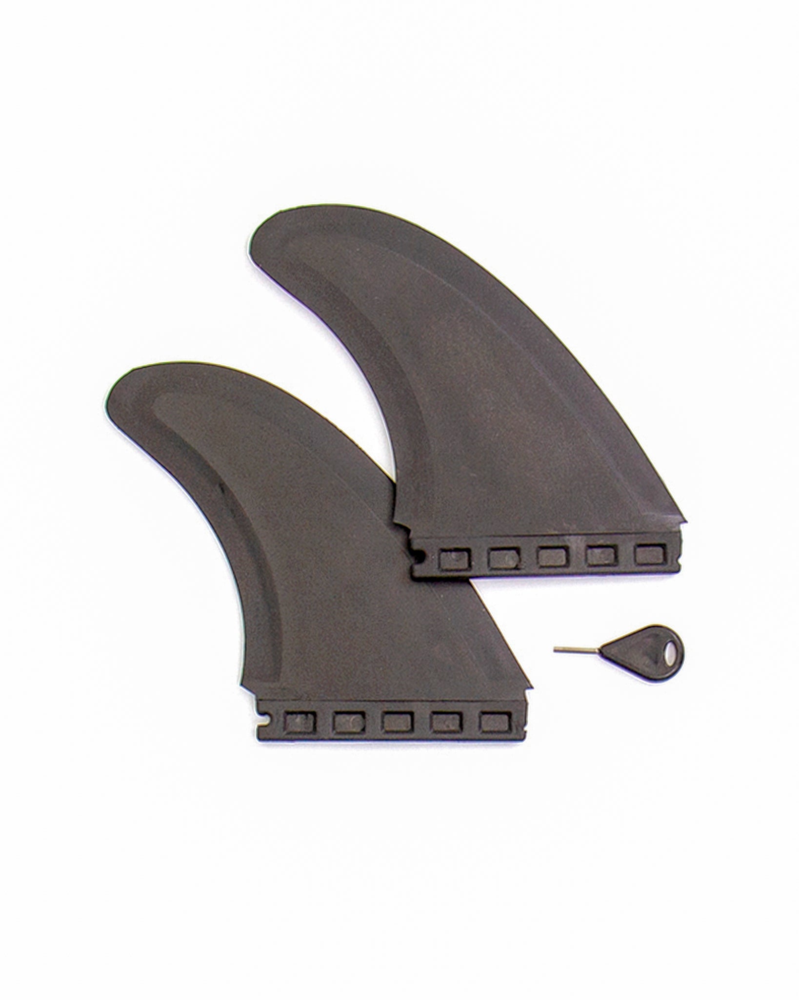 Black surfboard fins with dual tab base and key, ideal for fibreglass or softboard setups.