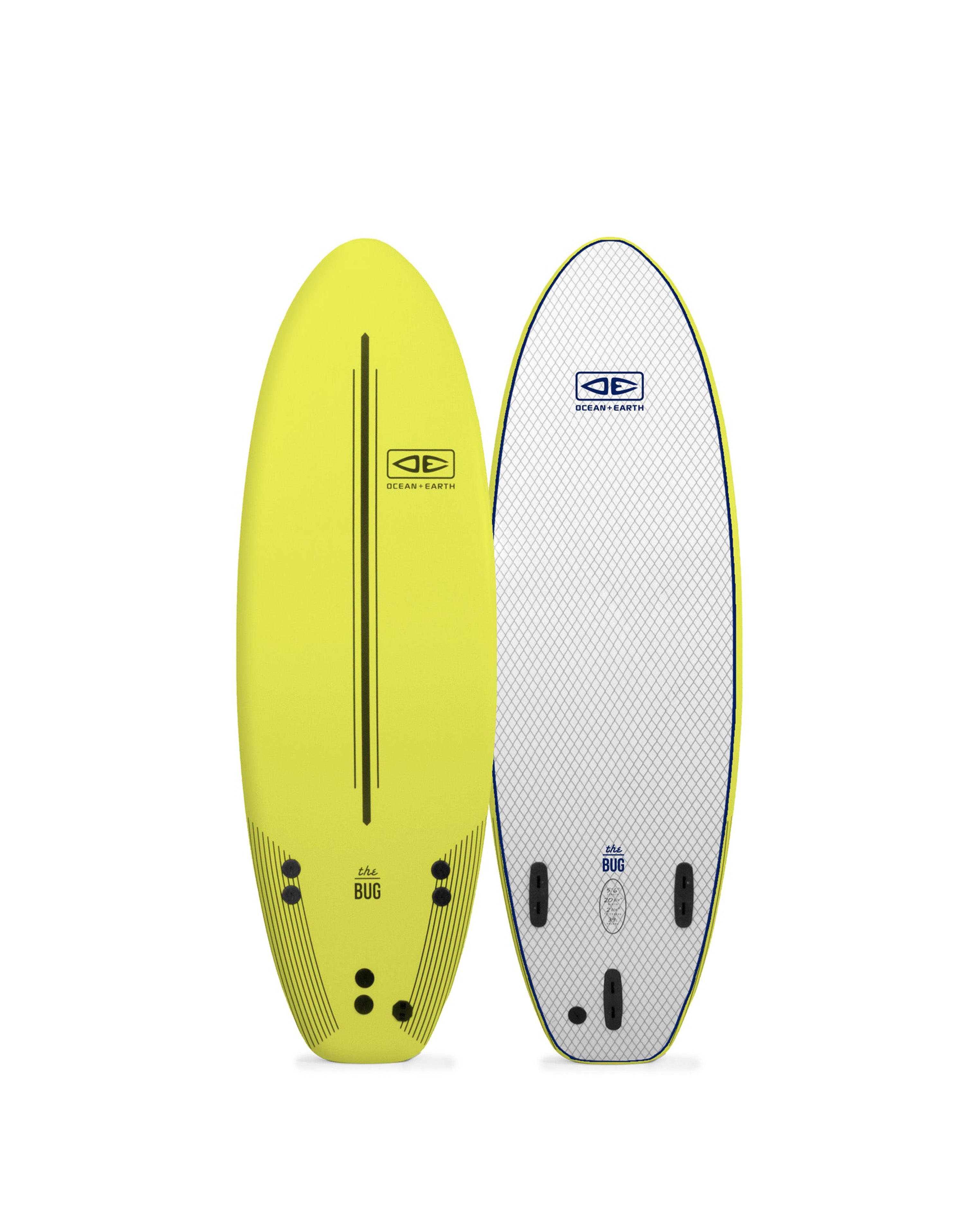 Two surfboards, one yellow and one white with a logo, on a white background