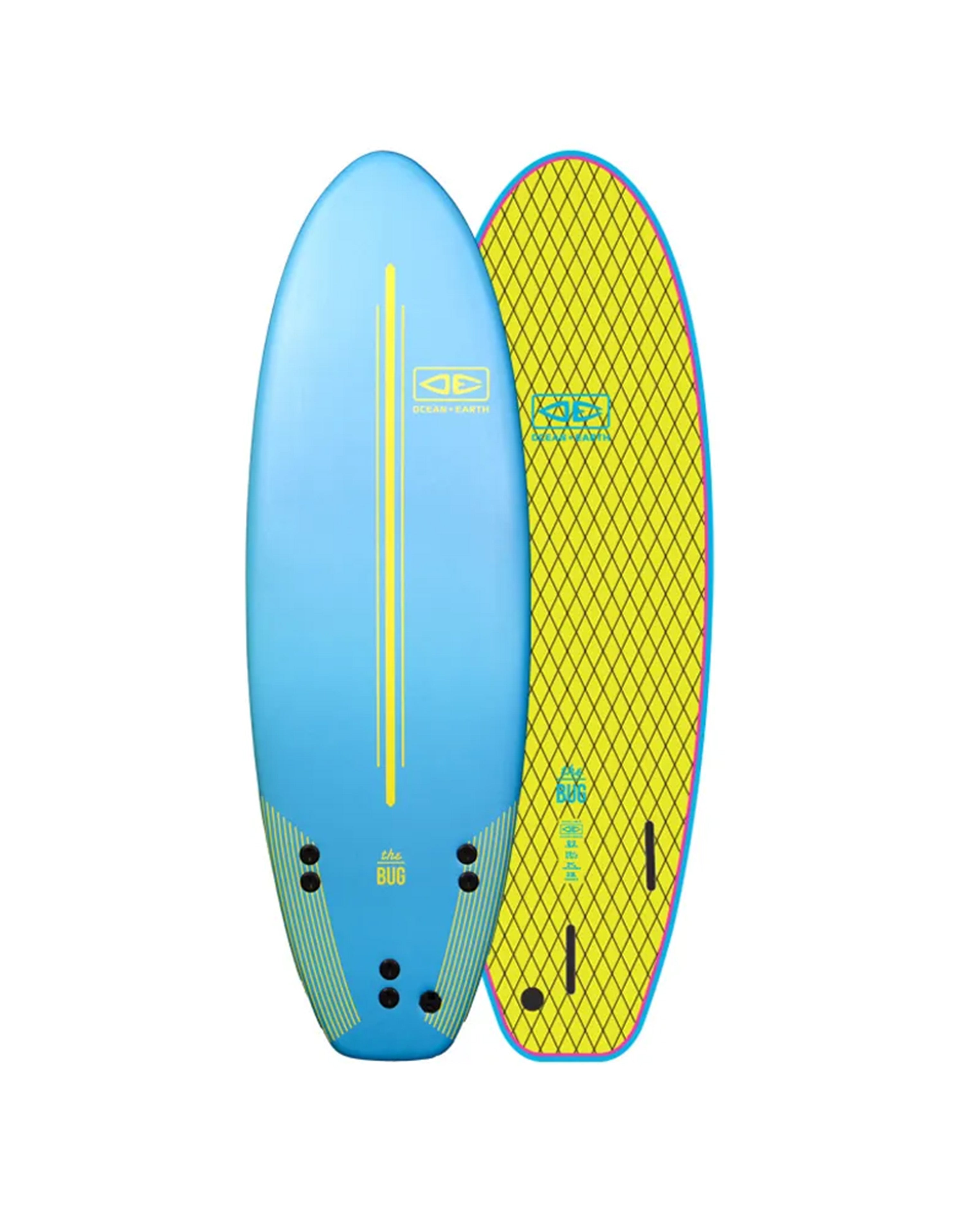 Blue and yellow surfboard with branding on a white background