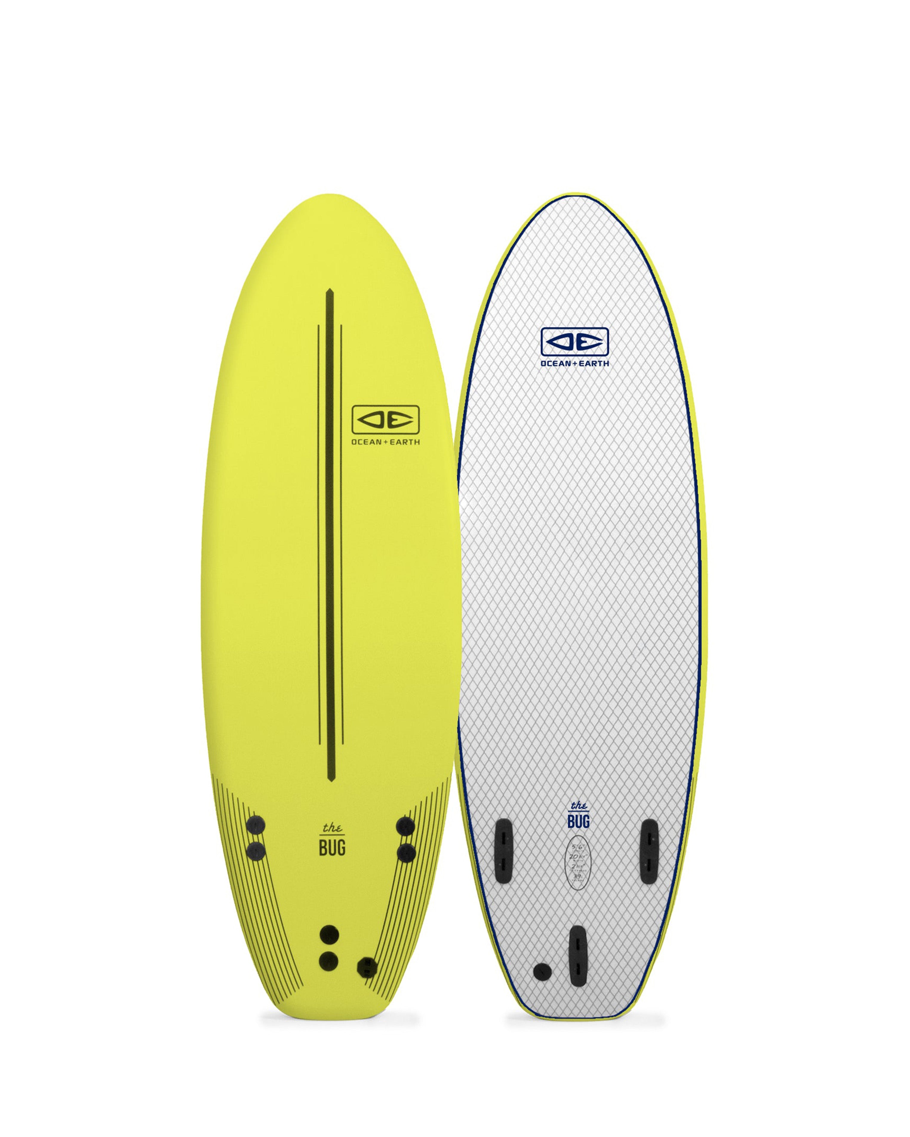 Yellow and white surfboard with Ocean and Earth logo on a white background