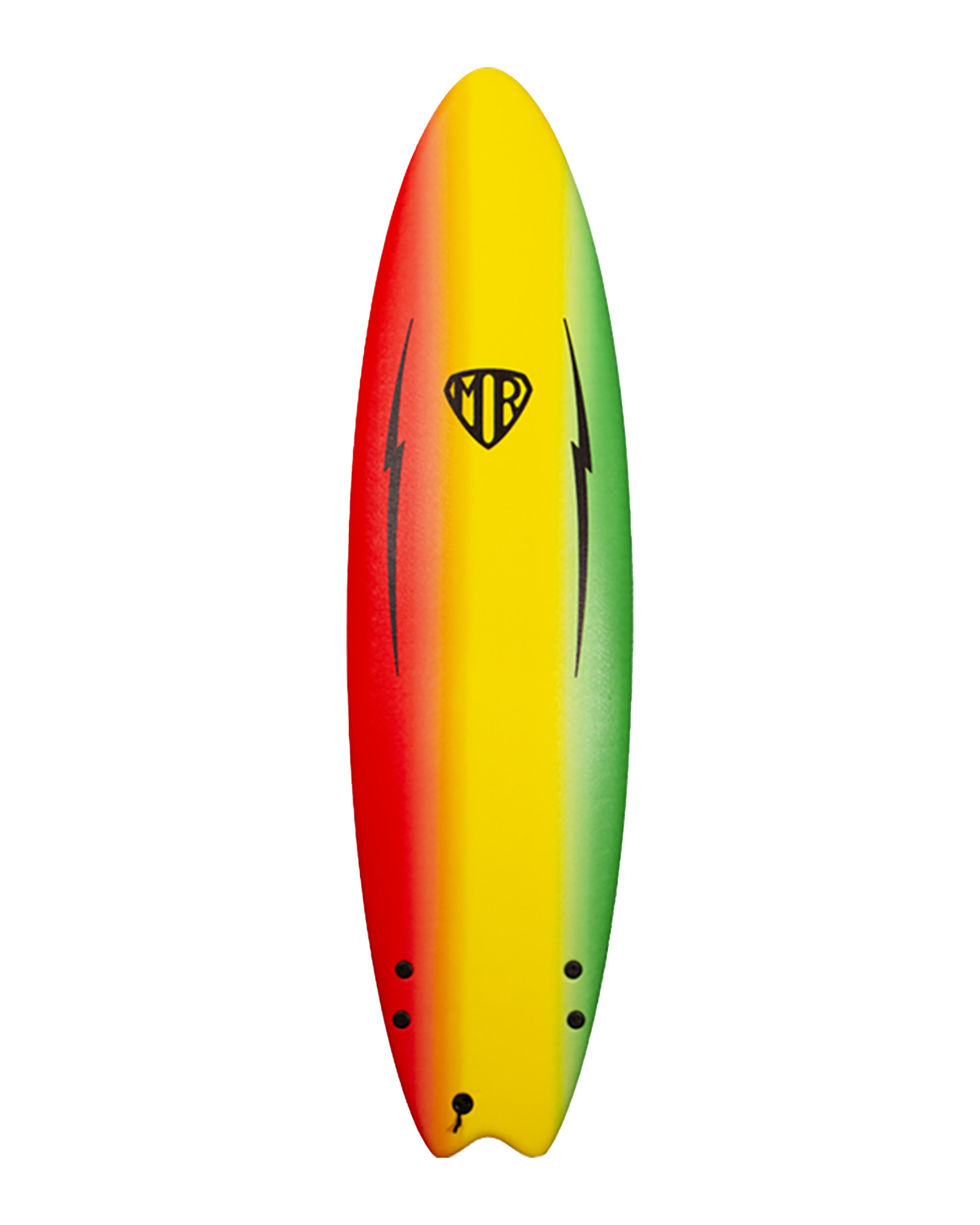 MR softboard with red, yellow, and green gradient design, black bolts, and lightning bolt graphics.