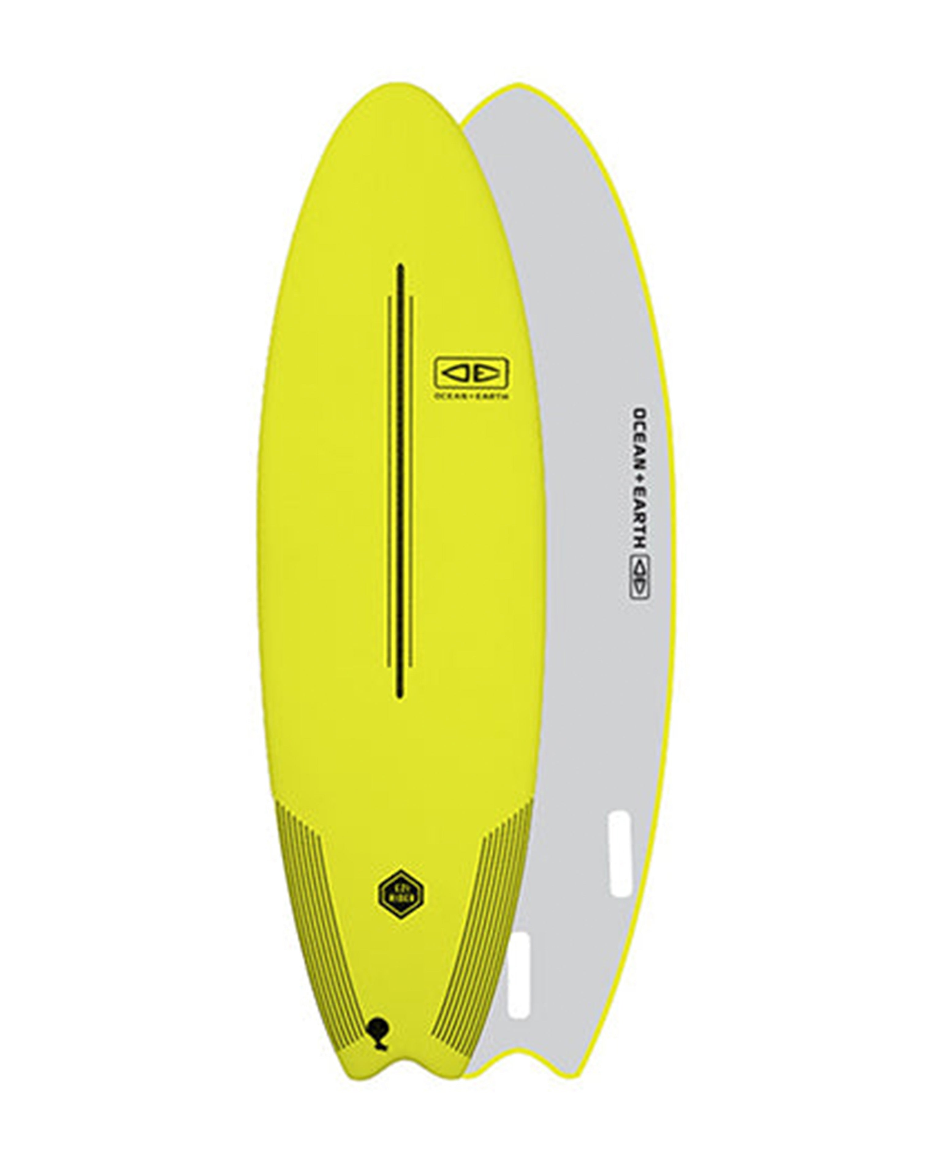 Yellow and gray surfboard with Ocean and Earth branding on a white background