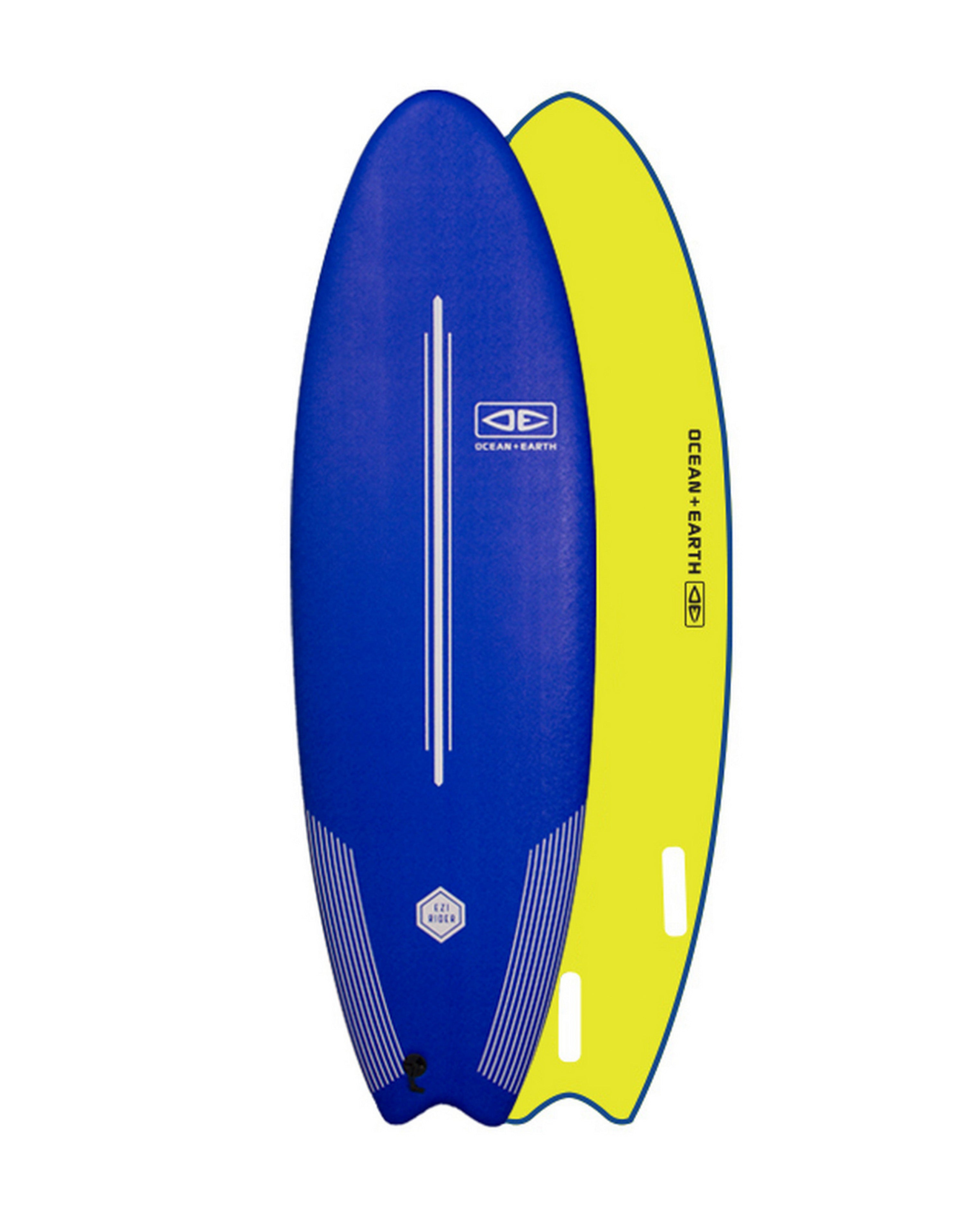 Blue and yellow surfboard with Ocean & Earth logo on a white background