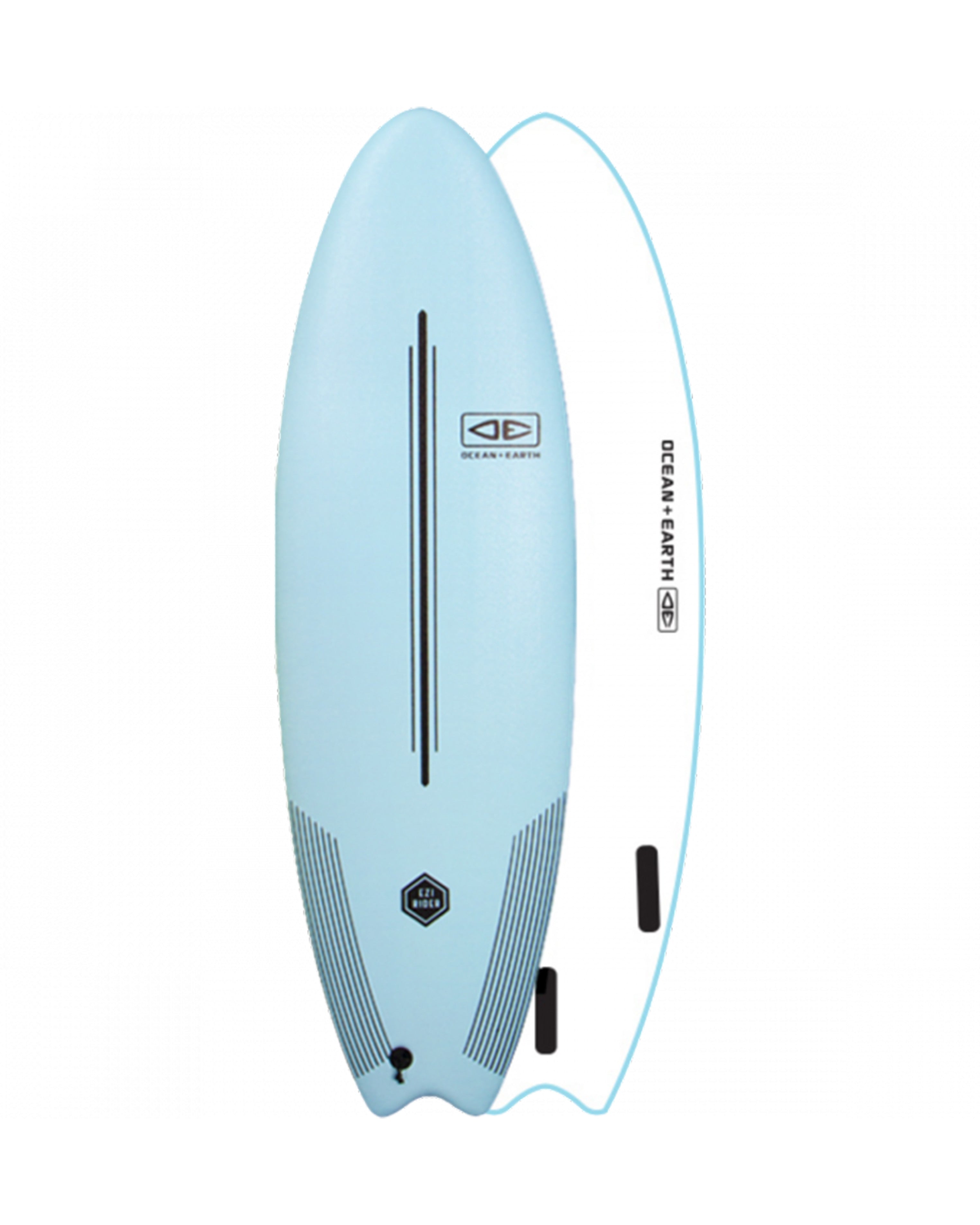 Light blue surfboard with branding on a white background
