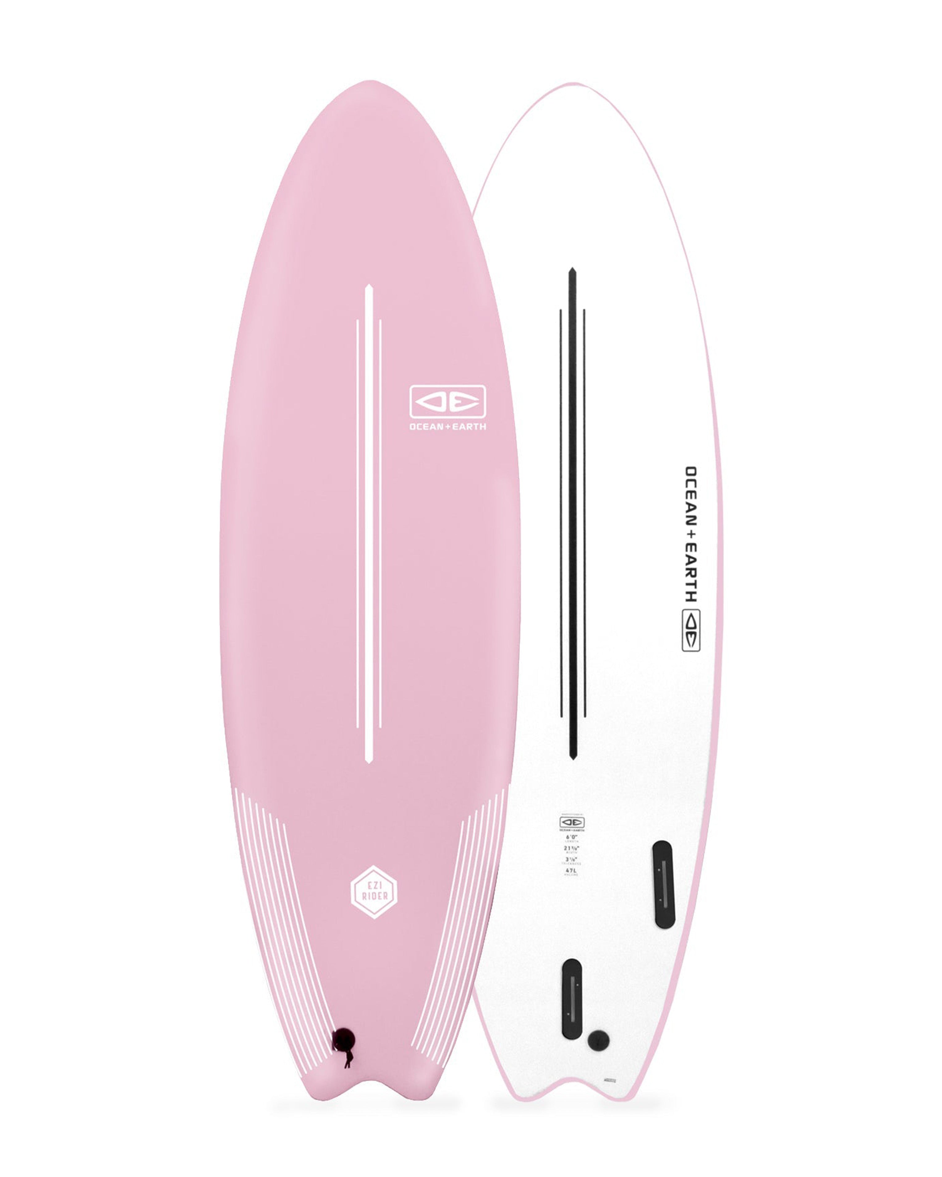 Pink surfboard with branding on a white background