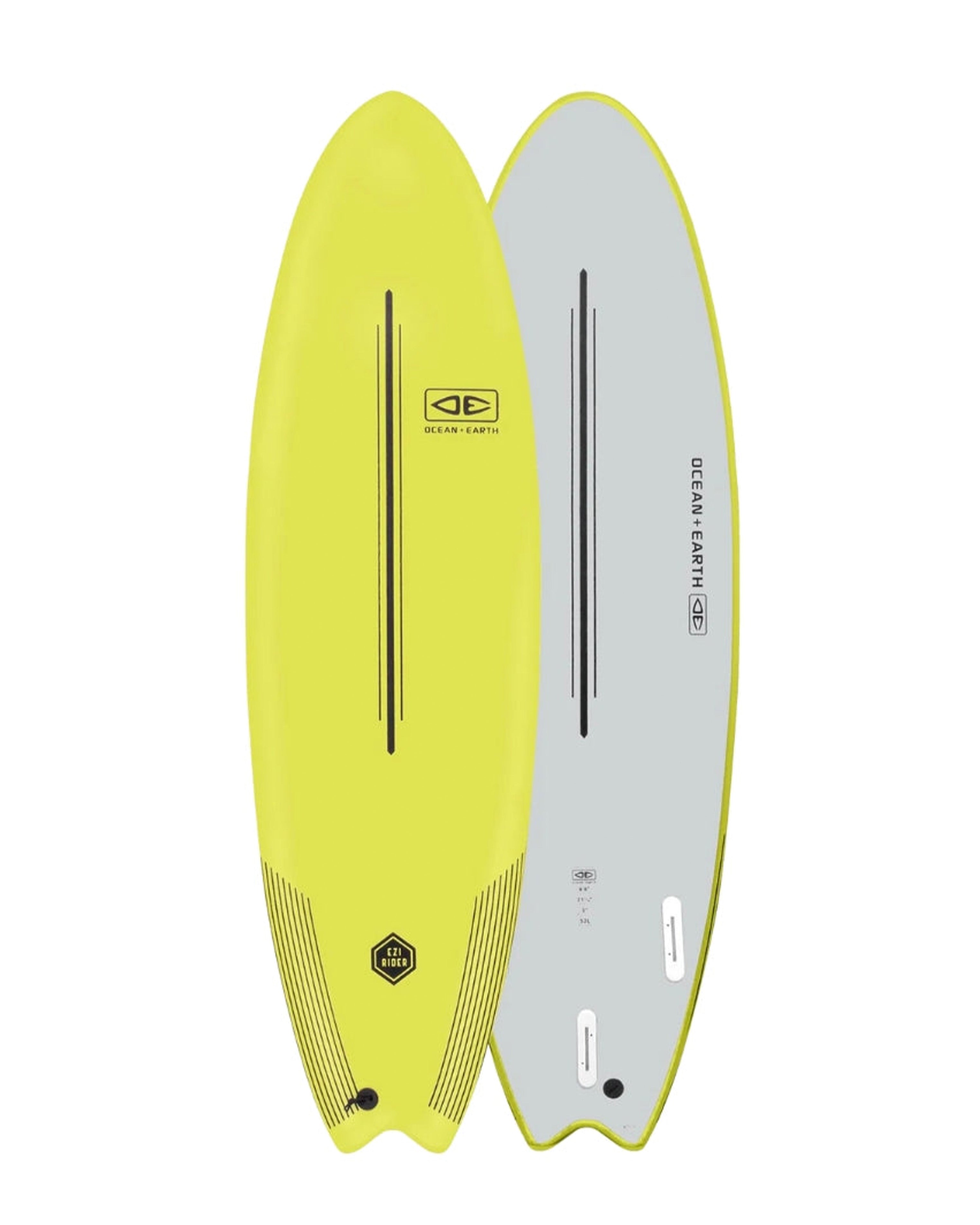 Yellow and gray surfboard with Ocean and Earth branding on a white background