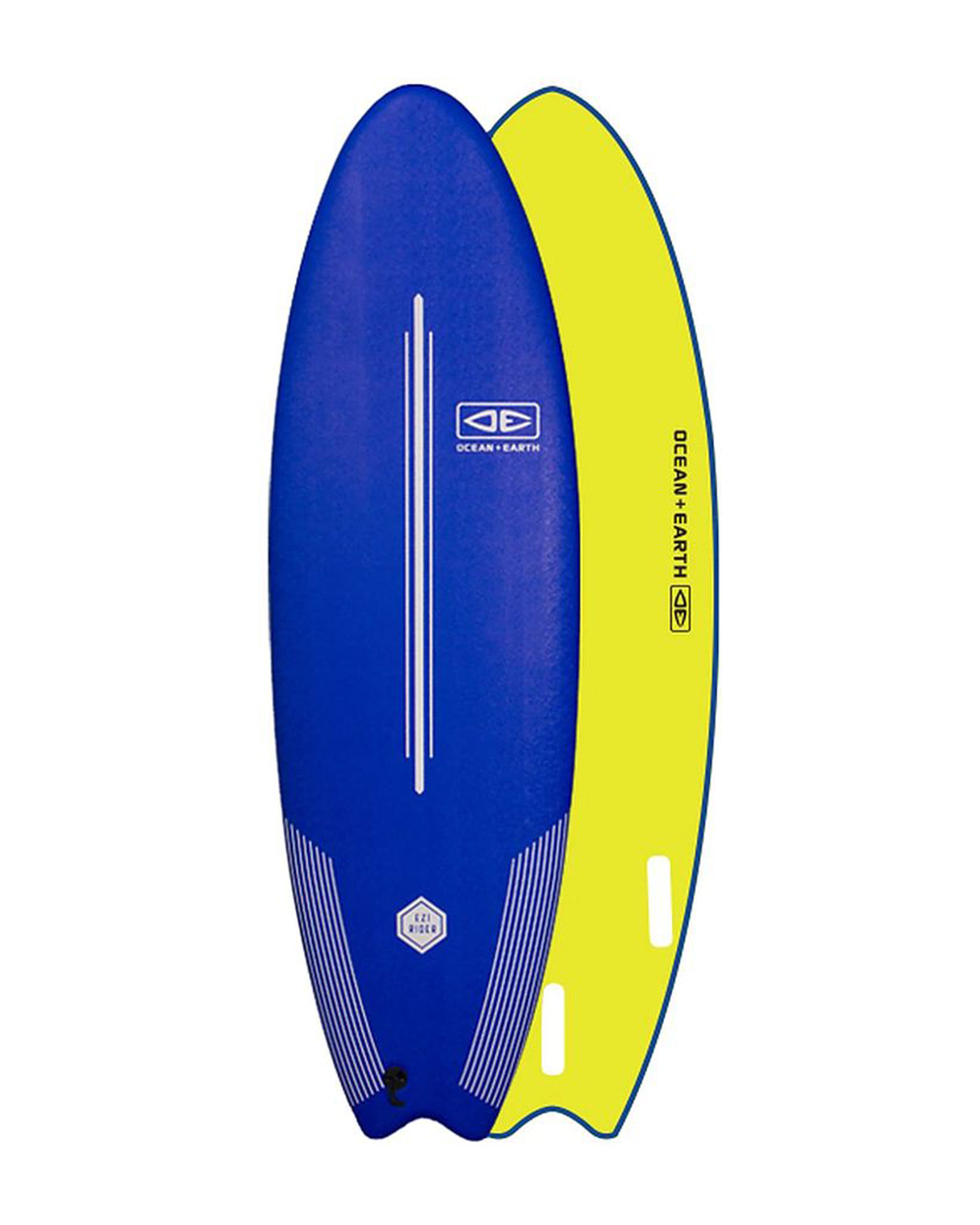 Blue and yellow surfboard with 'Ocean & Earth' branding on a white background