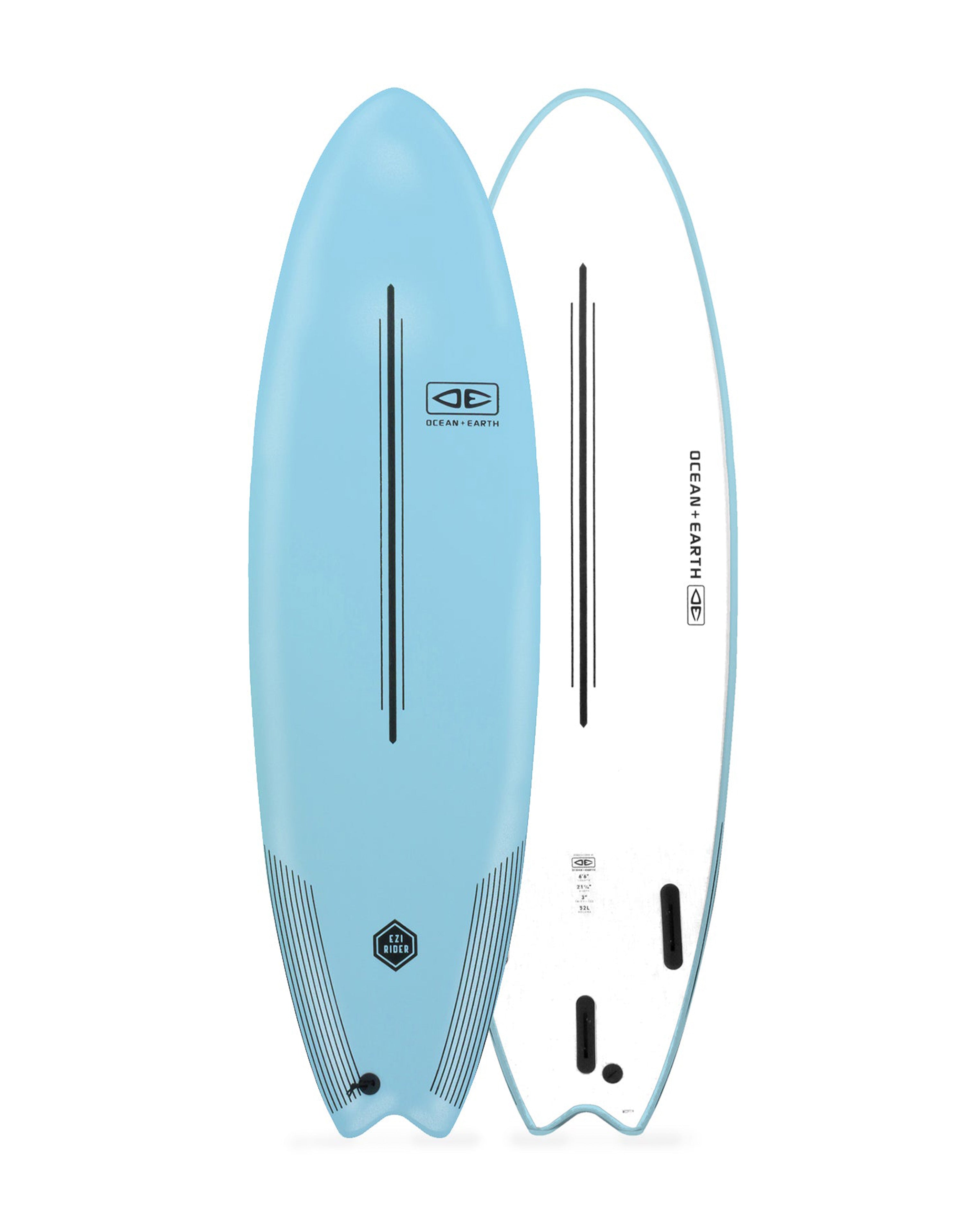 Light blue surfboard with branding on a white background