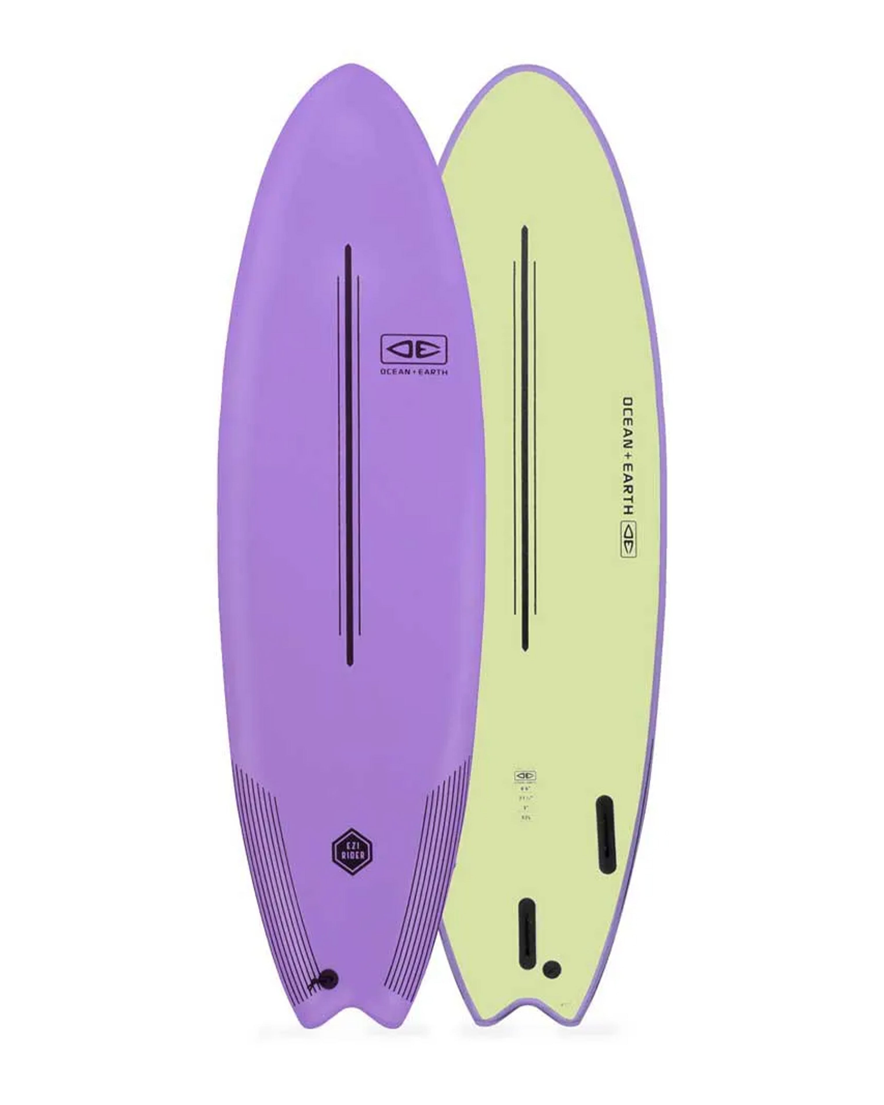 Purple and green surfboard with brand logo on a white background