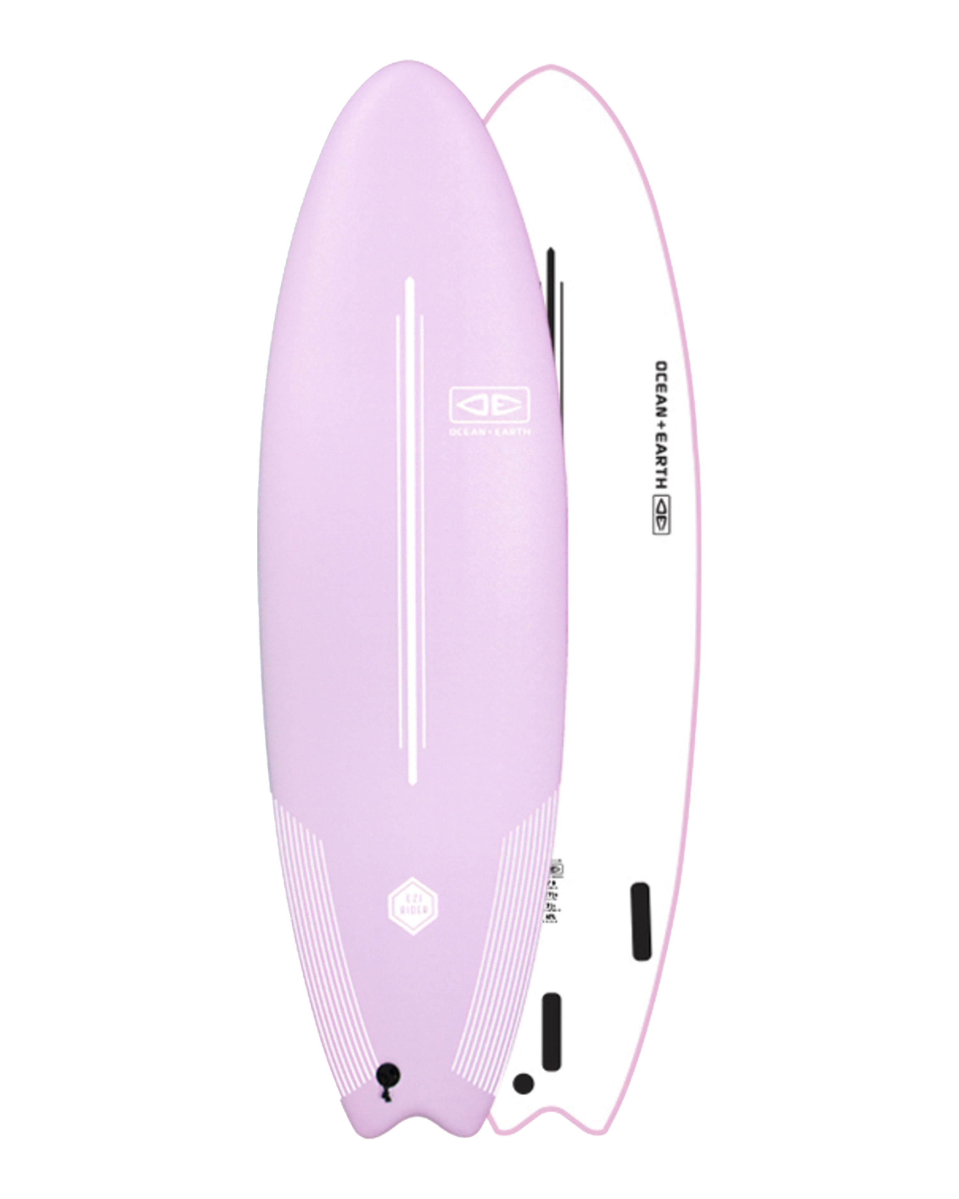 Purple surfboard with branding on a white background