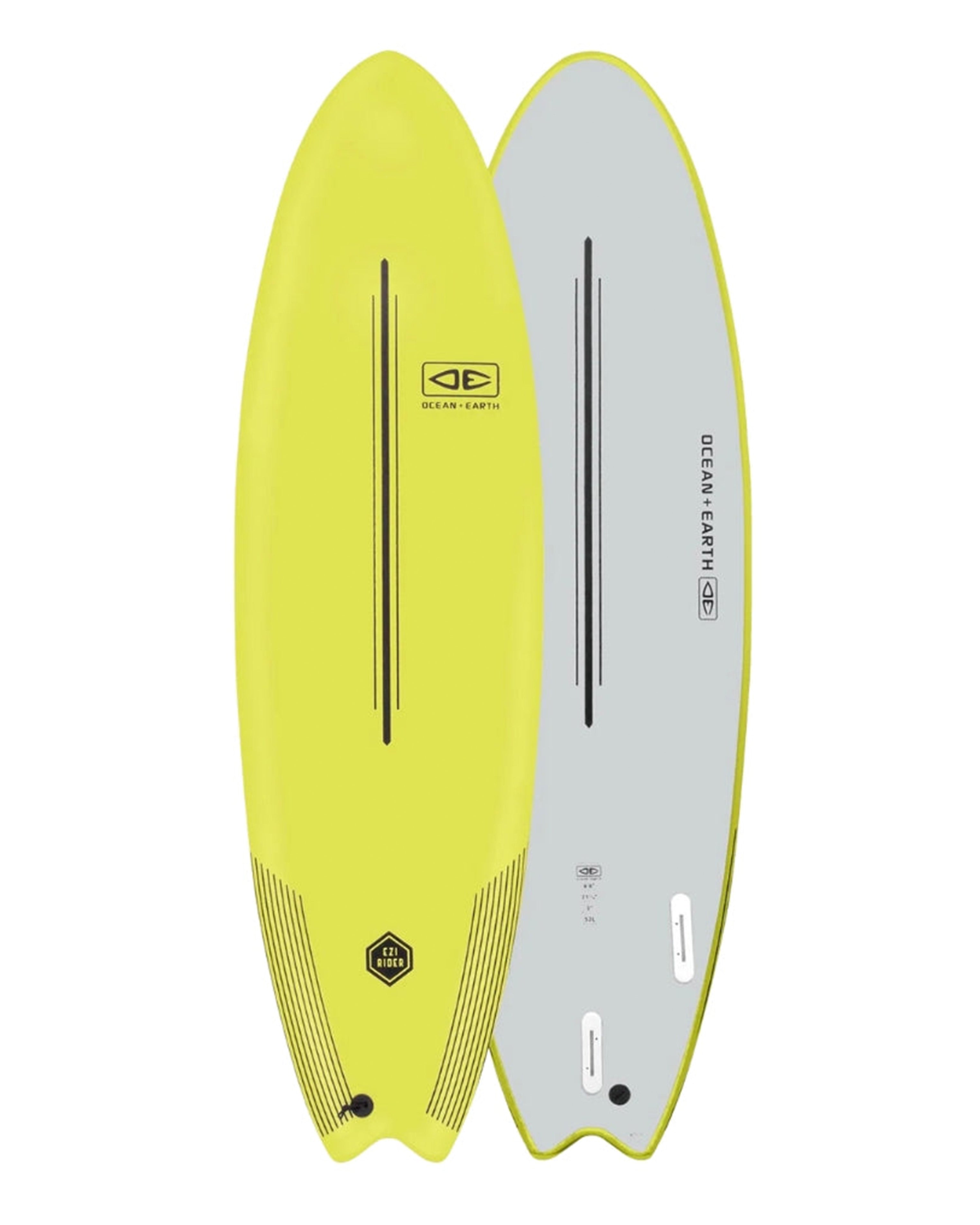 Two surfboards, one yellow and one gray, with a visible brand logo on a white background.