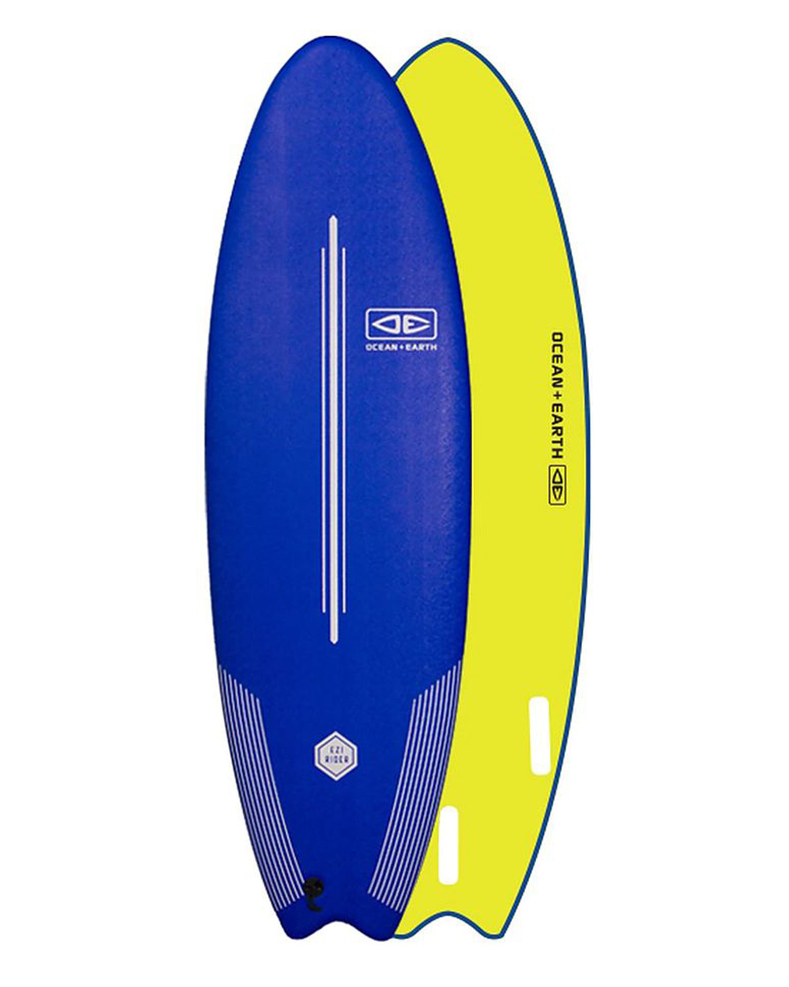 Blue and yellow surfboard with Ocean and Earth logo on a white background