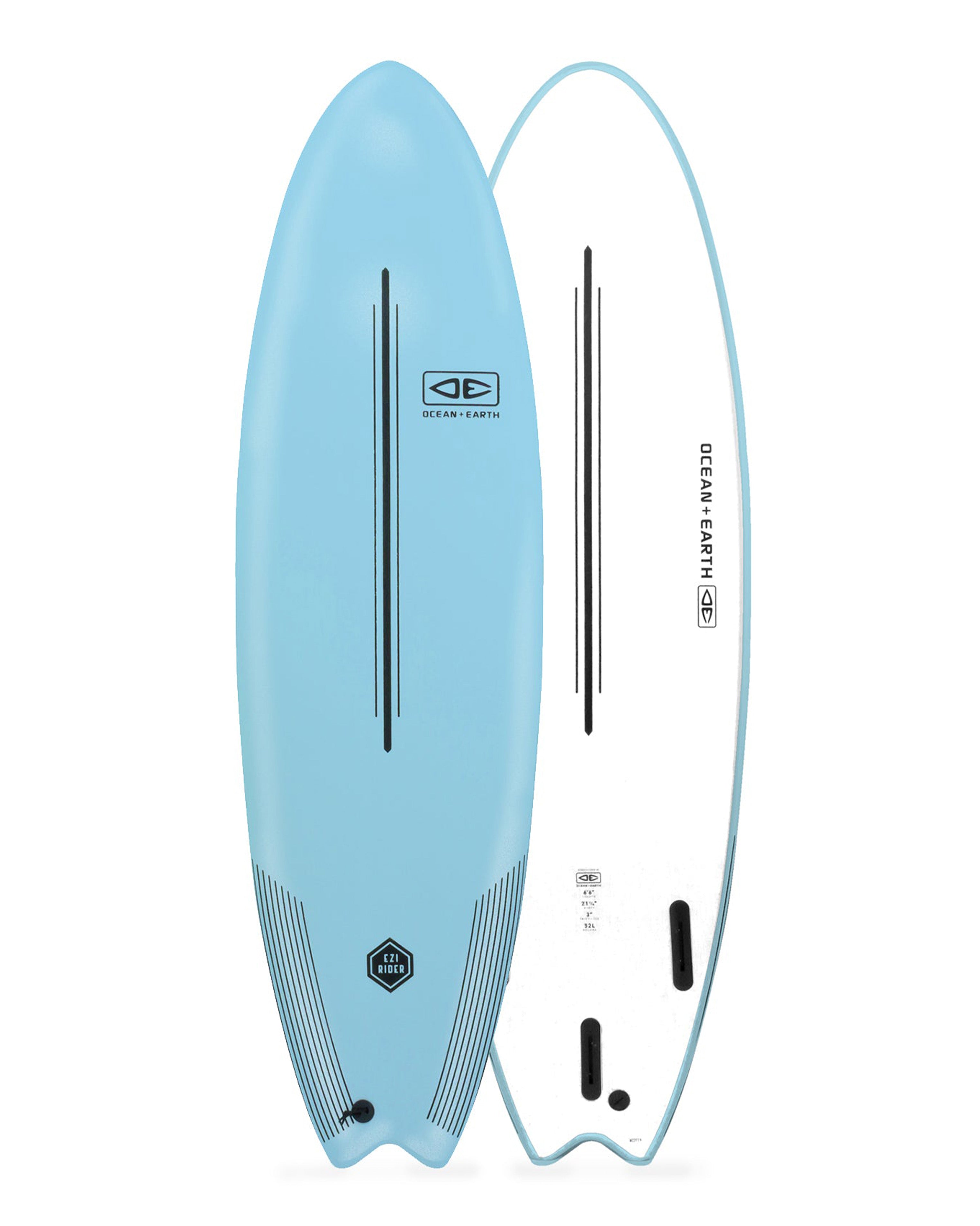 Light blue surfboard with branding on a white background