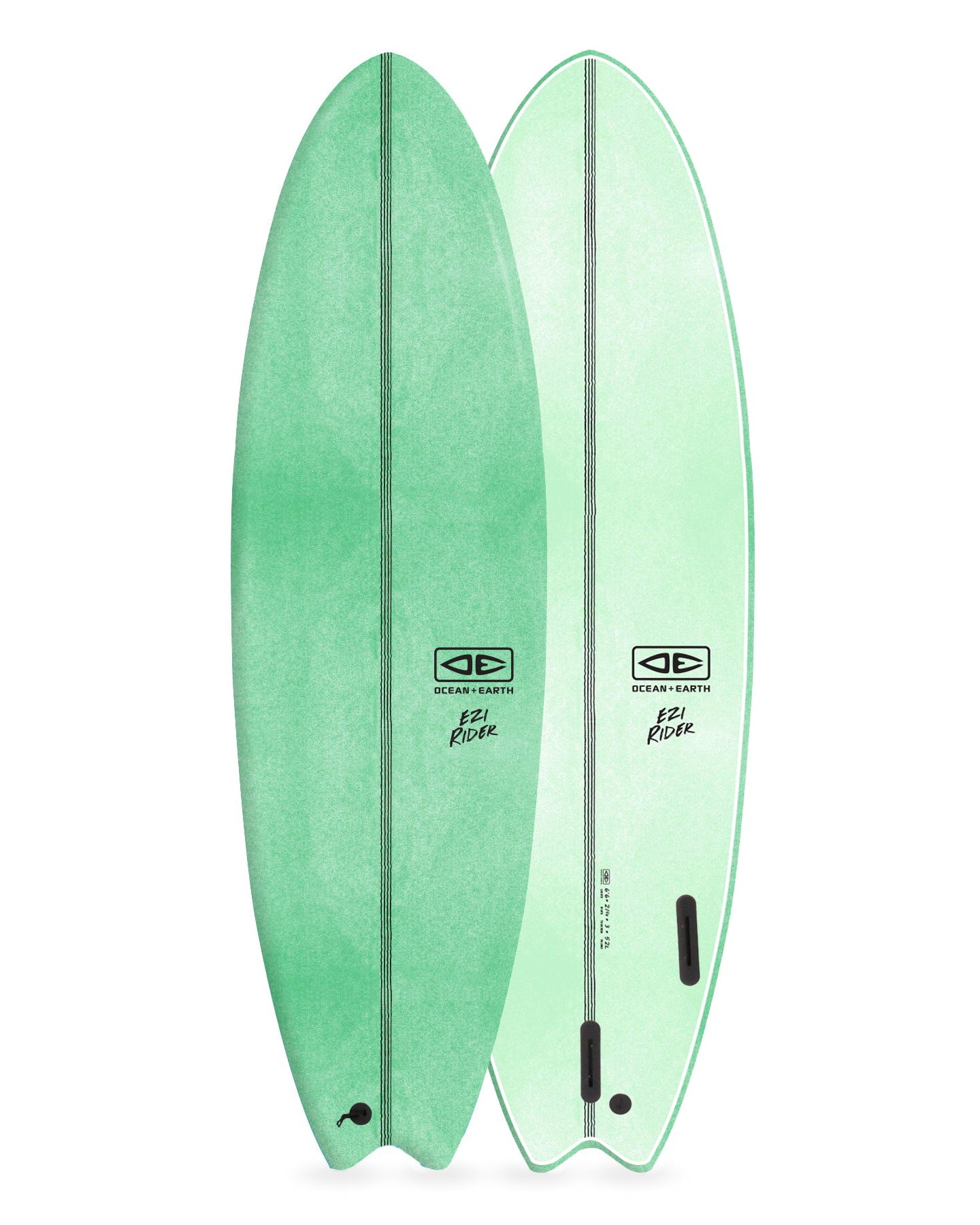 Two green surfboards side by side on a white background
