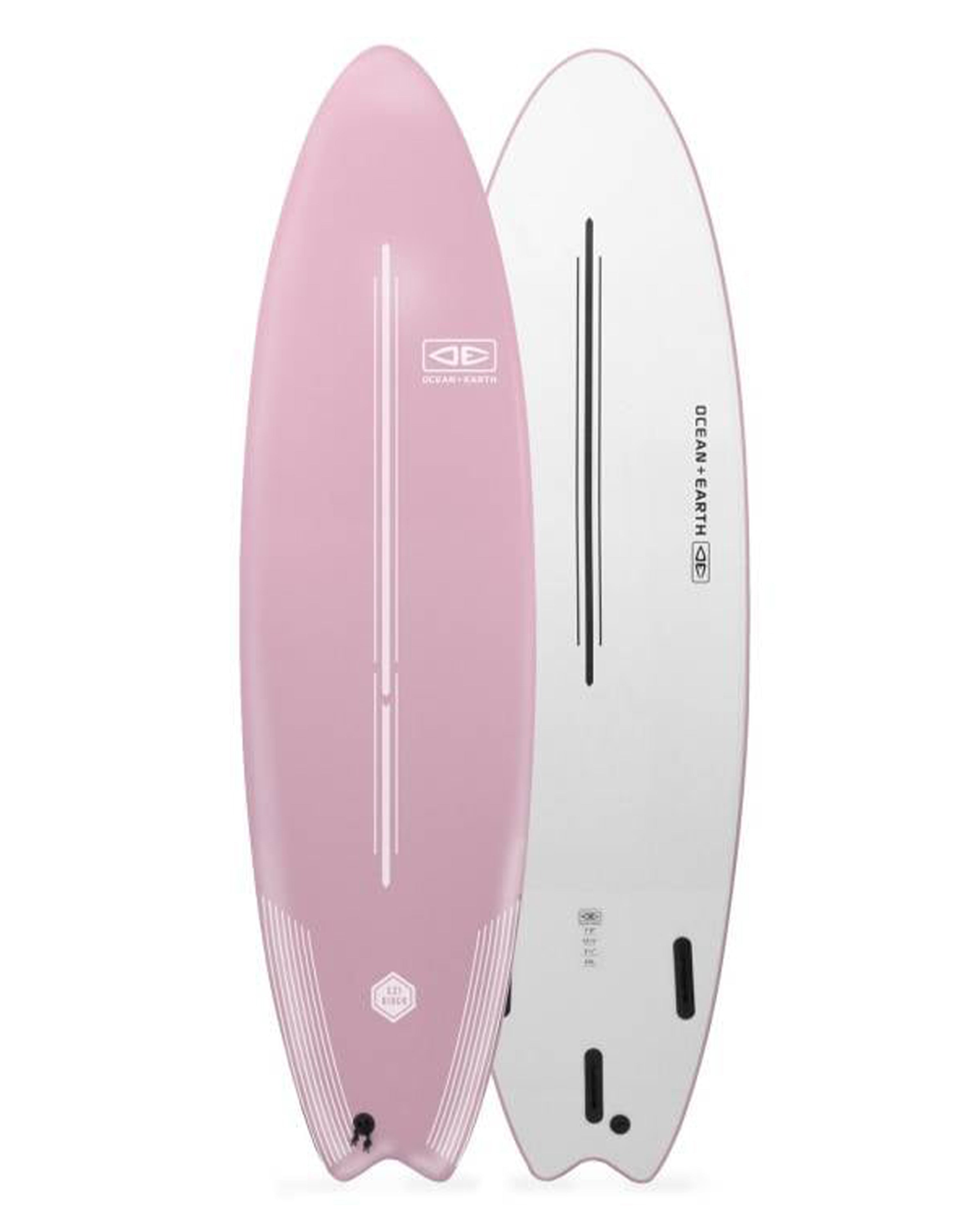 Two surfboards, one pink and one white, with branding on a white background.