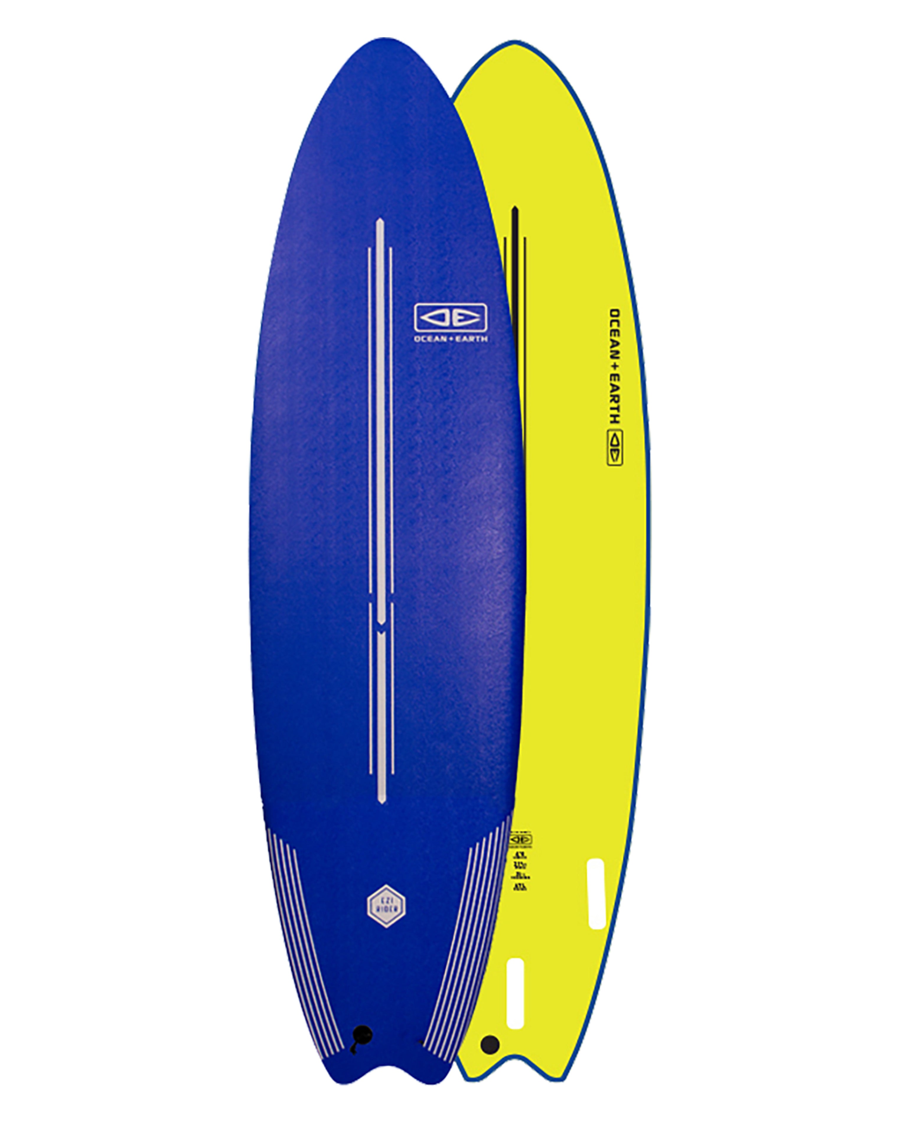 Blue and yellow surfboard with a visible brand logo on a white background