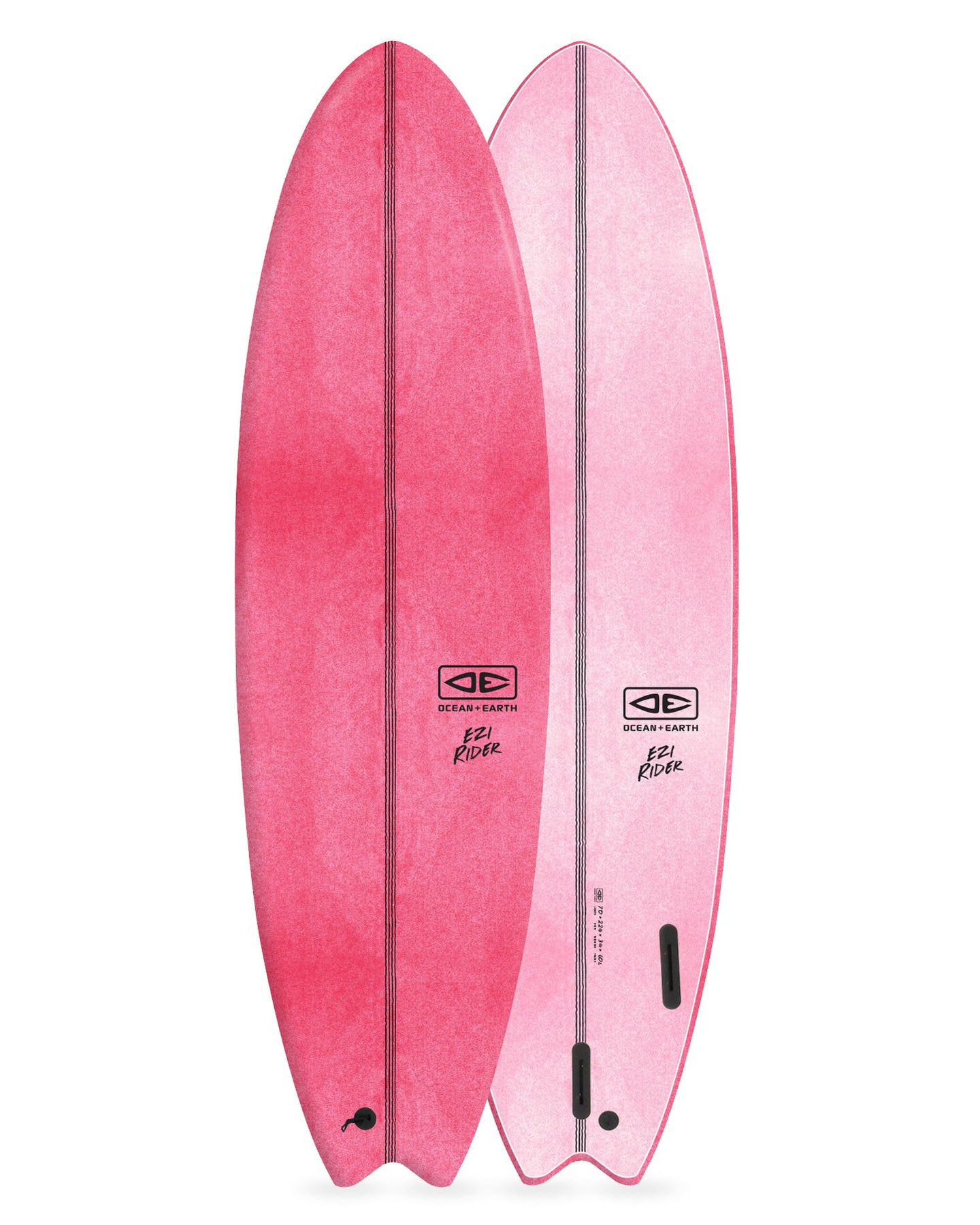 Two pink surfboards with branding on a white background