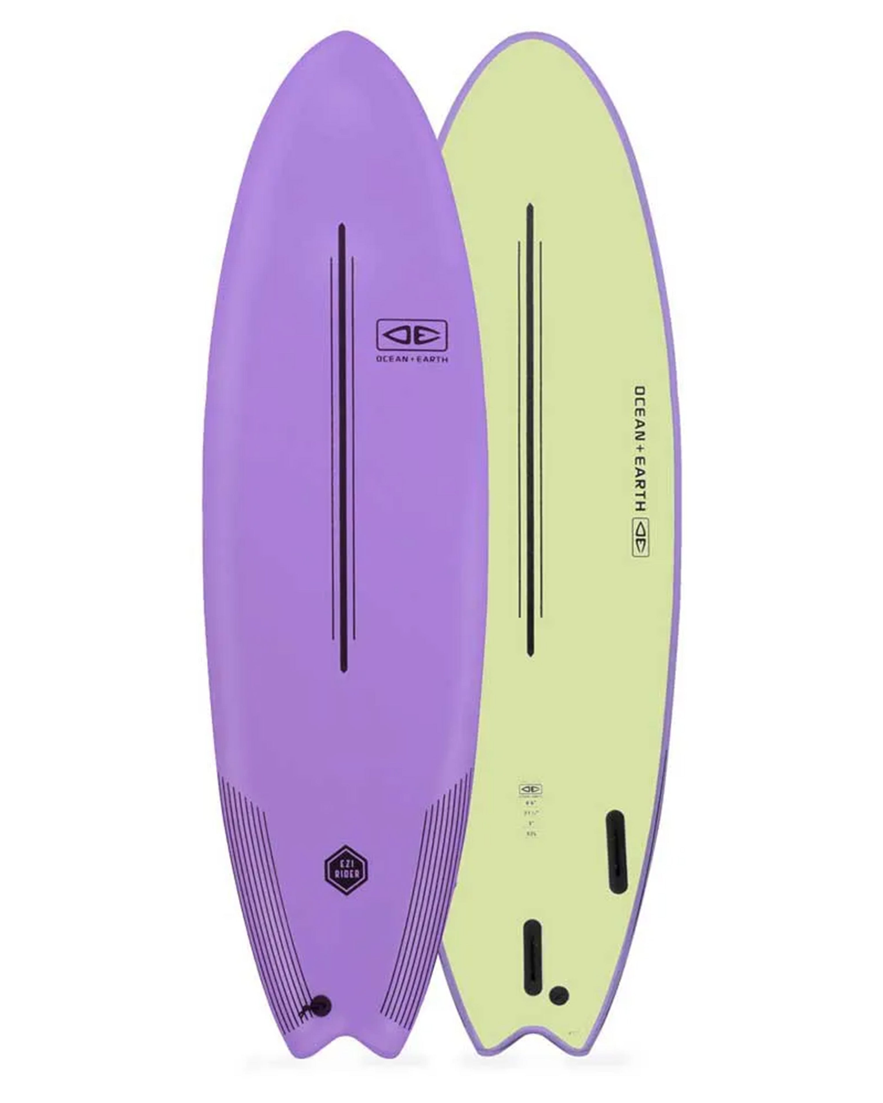 Two surfboards, one purple and one green, with a visible brand logo on a white background.