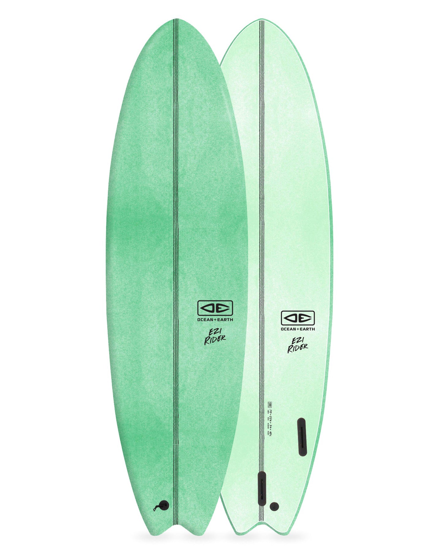 Green surfboard with branding on a white background