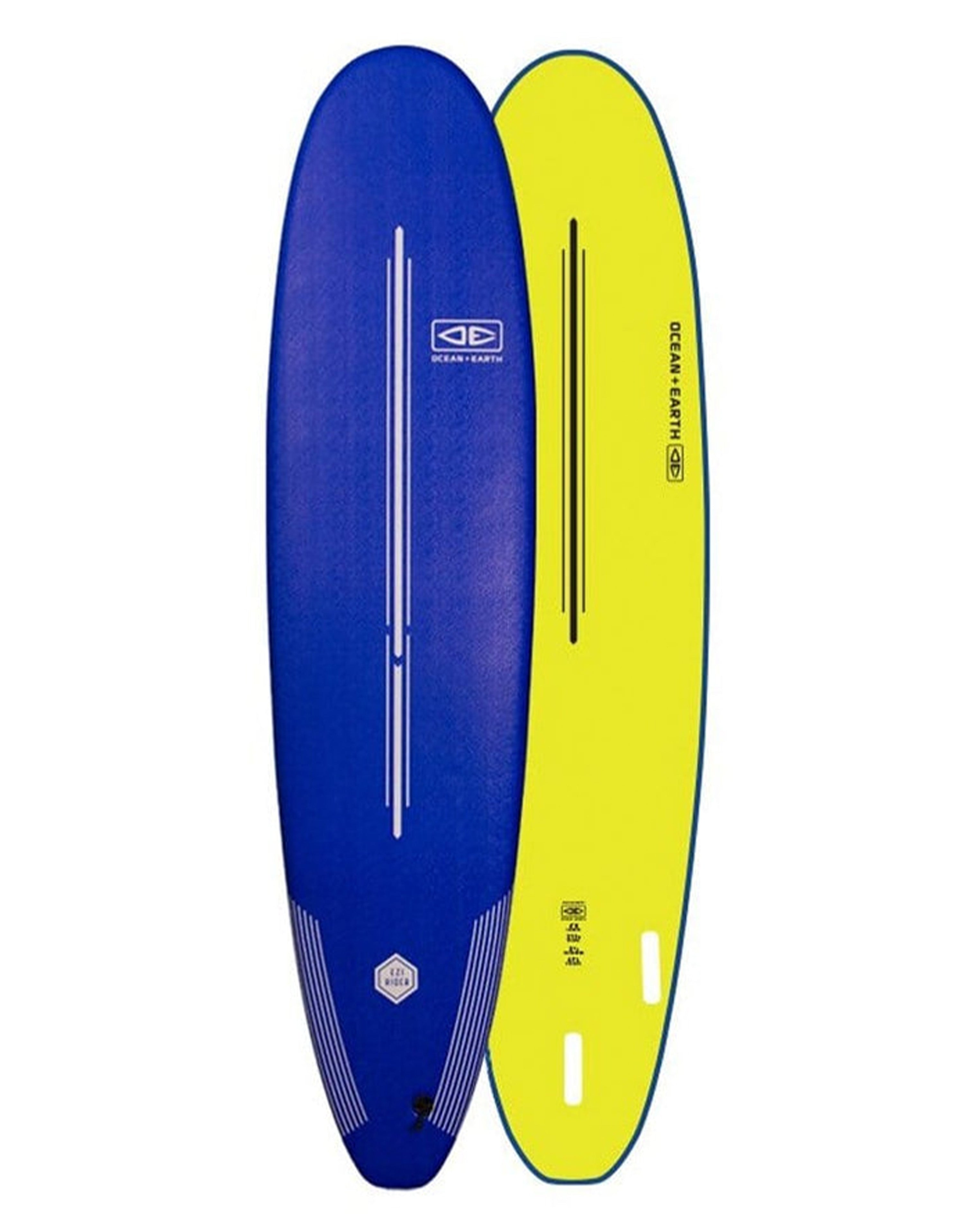 Ocean & Earth Ezi Rider surfboard in blue and yellow with dual stringers and soft board design
