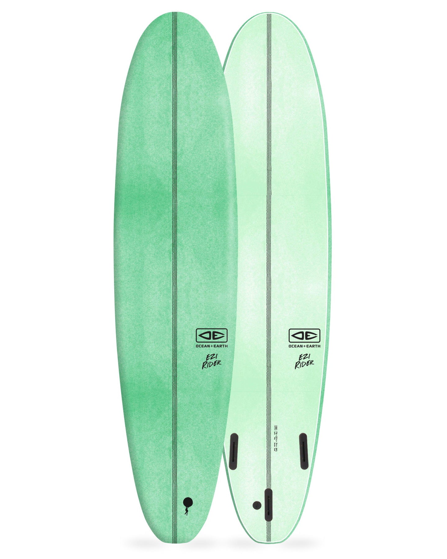 Ocean & Earth Ezi Rider surfboard in green and mint with logo branding and three fin slots