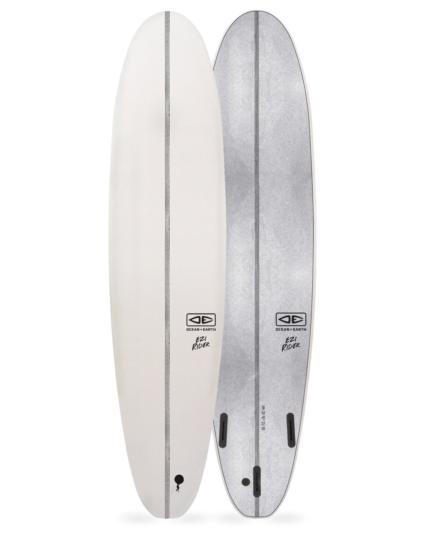Ocean & Earth Ezi Rider surfboard in white and silver with centre line and soft construction
