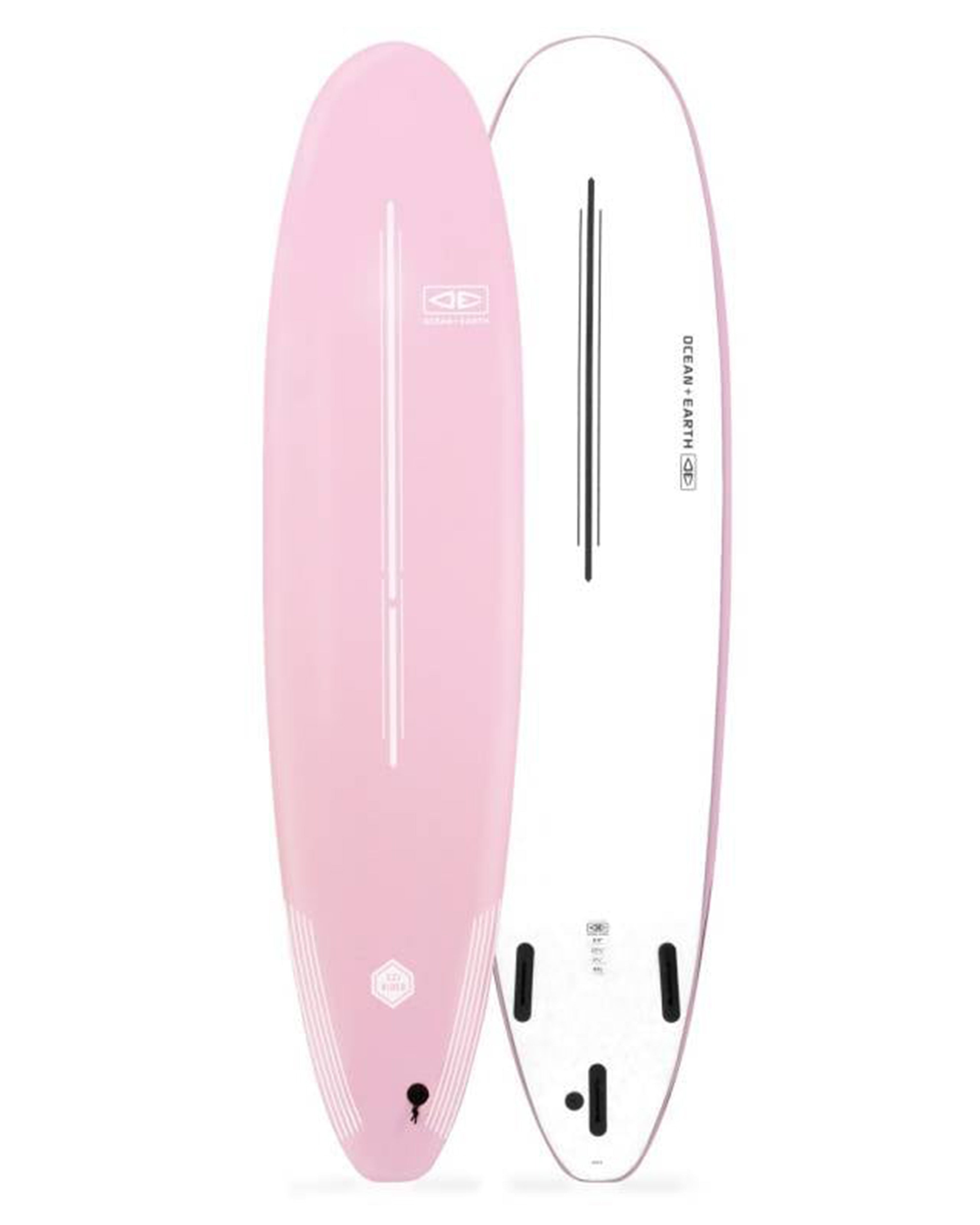 Pink and white surfboard with a brand logo on a white background