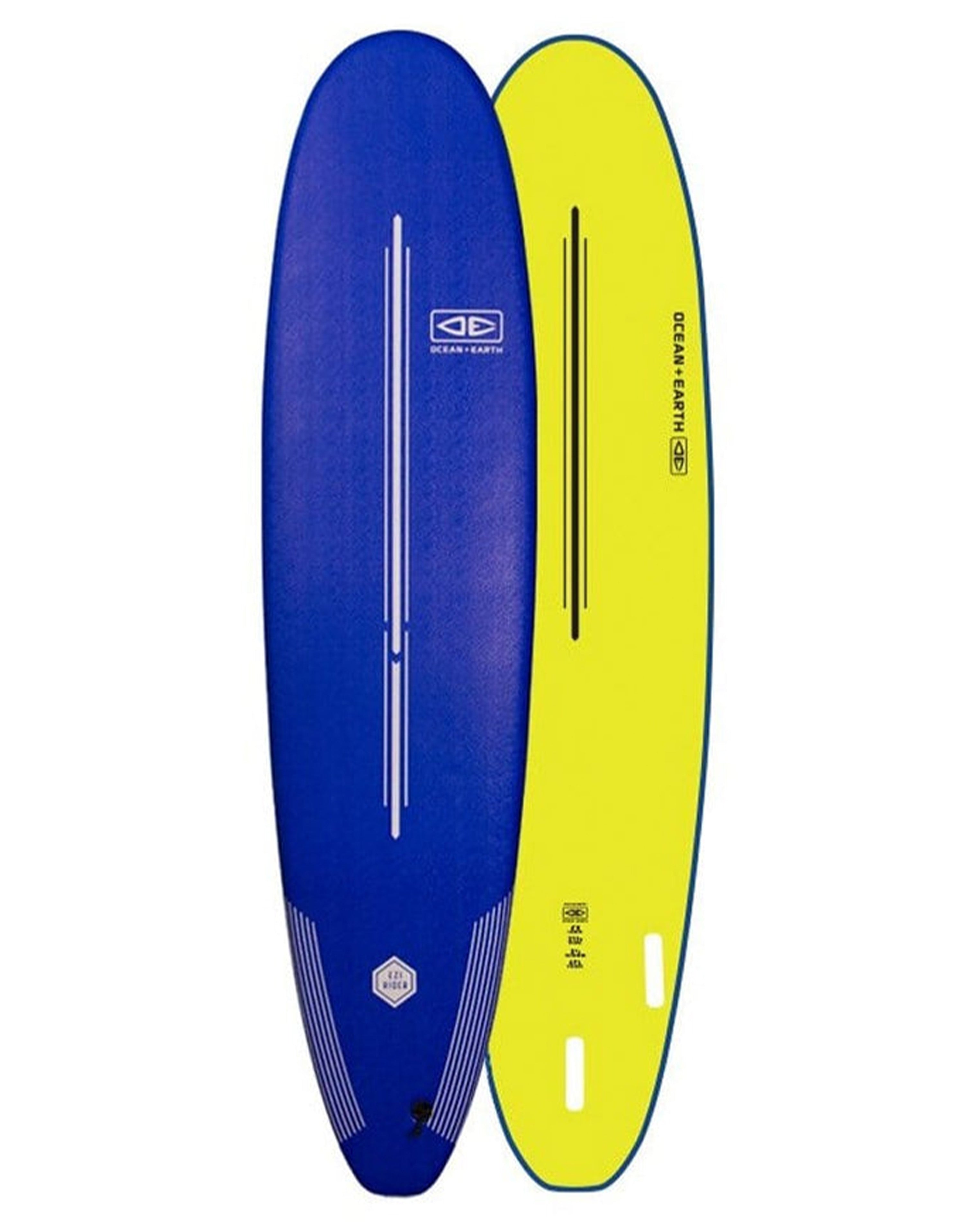 Blue and yellow paddle boards with a visible brand logo on a white background