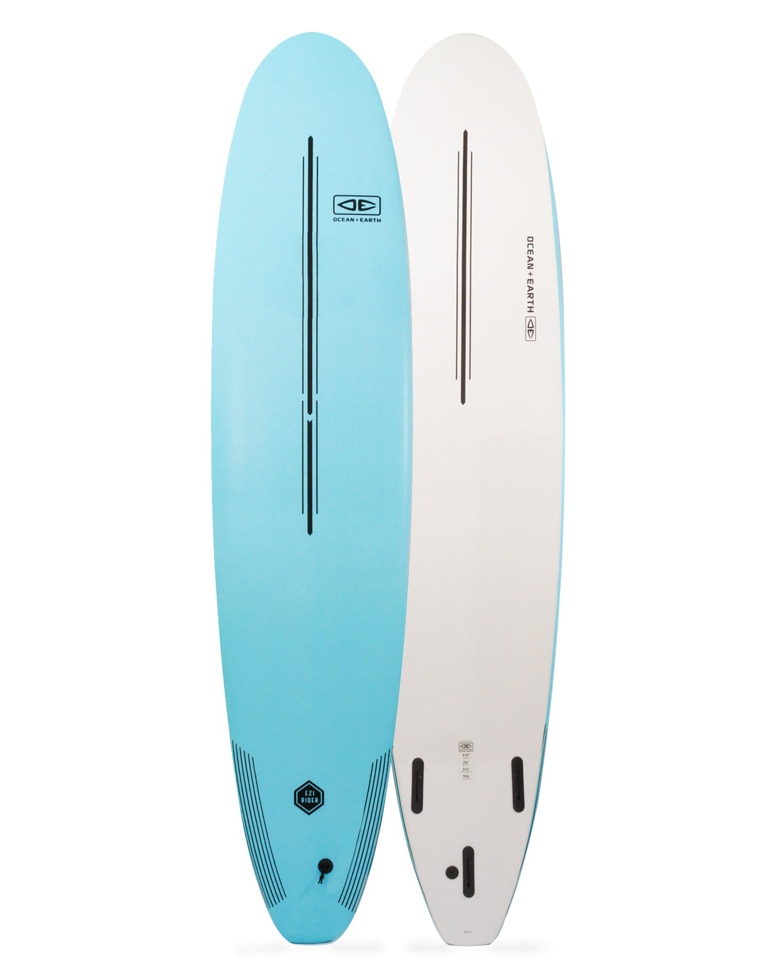 Two surfboards, one blue and one white, with branding on a white background