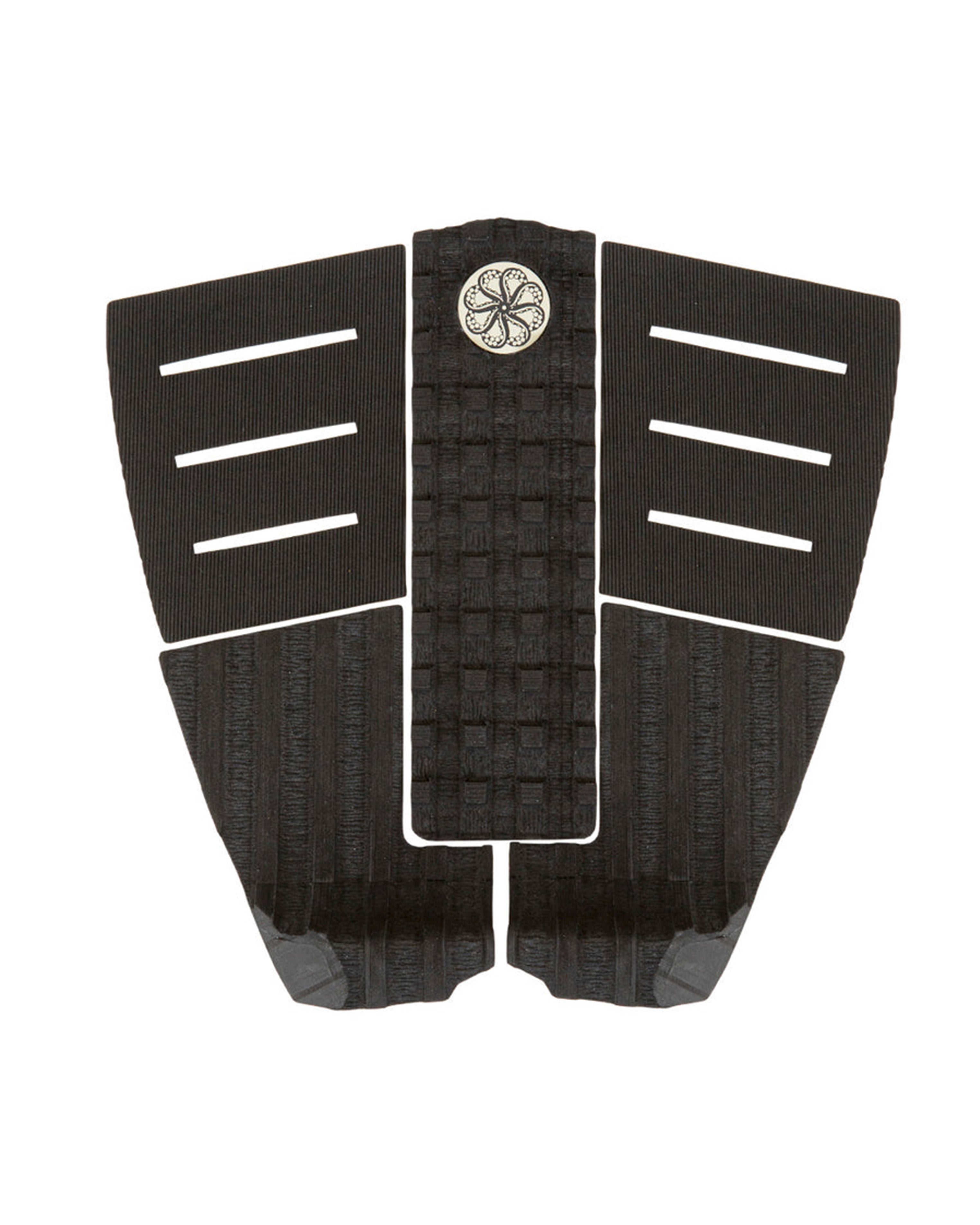 Three-piece black surfboard traction pad with slotted side panels and checkerboard centre arch.
