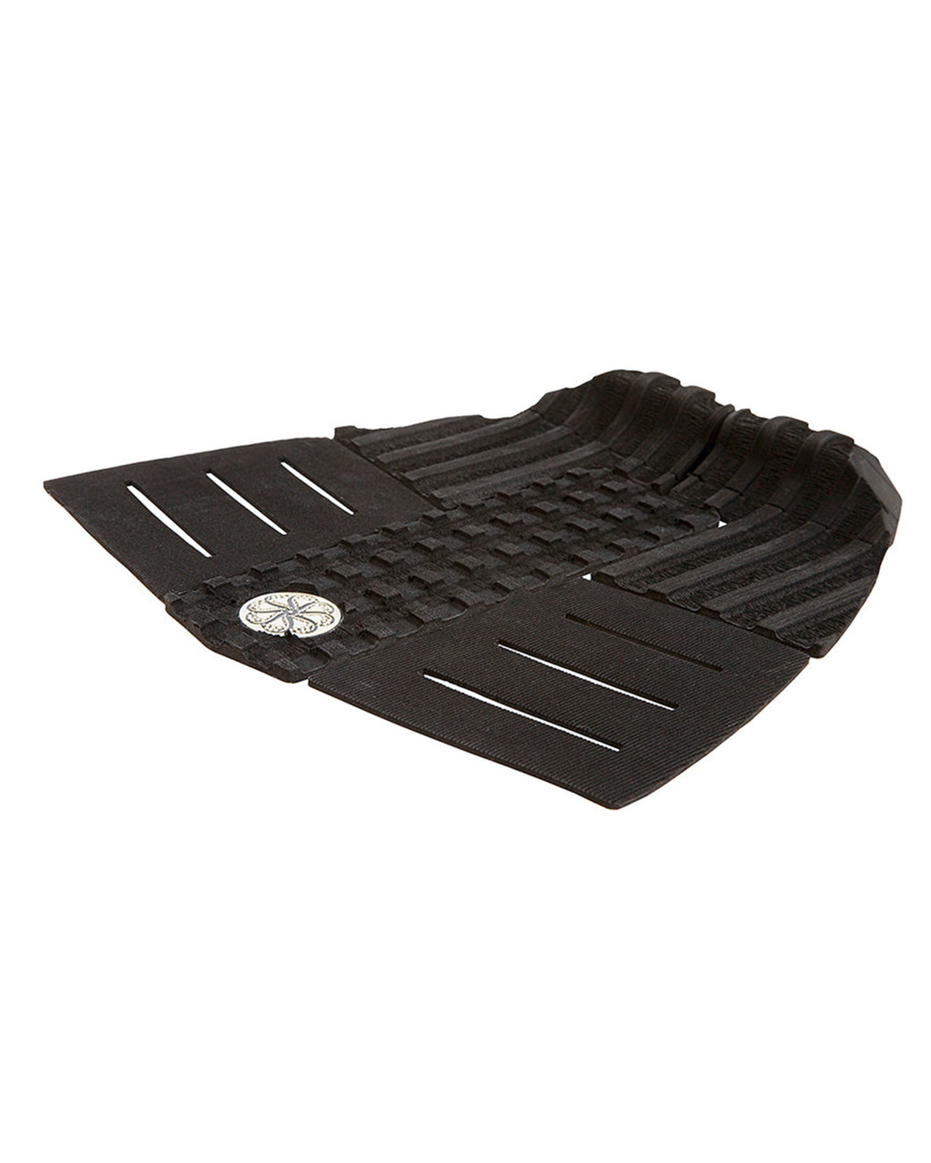 Angled rear view of black traction pad with contoured kick, slotted grooves, and embossed logo.