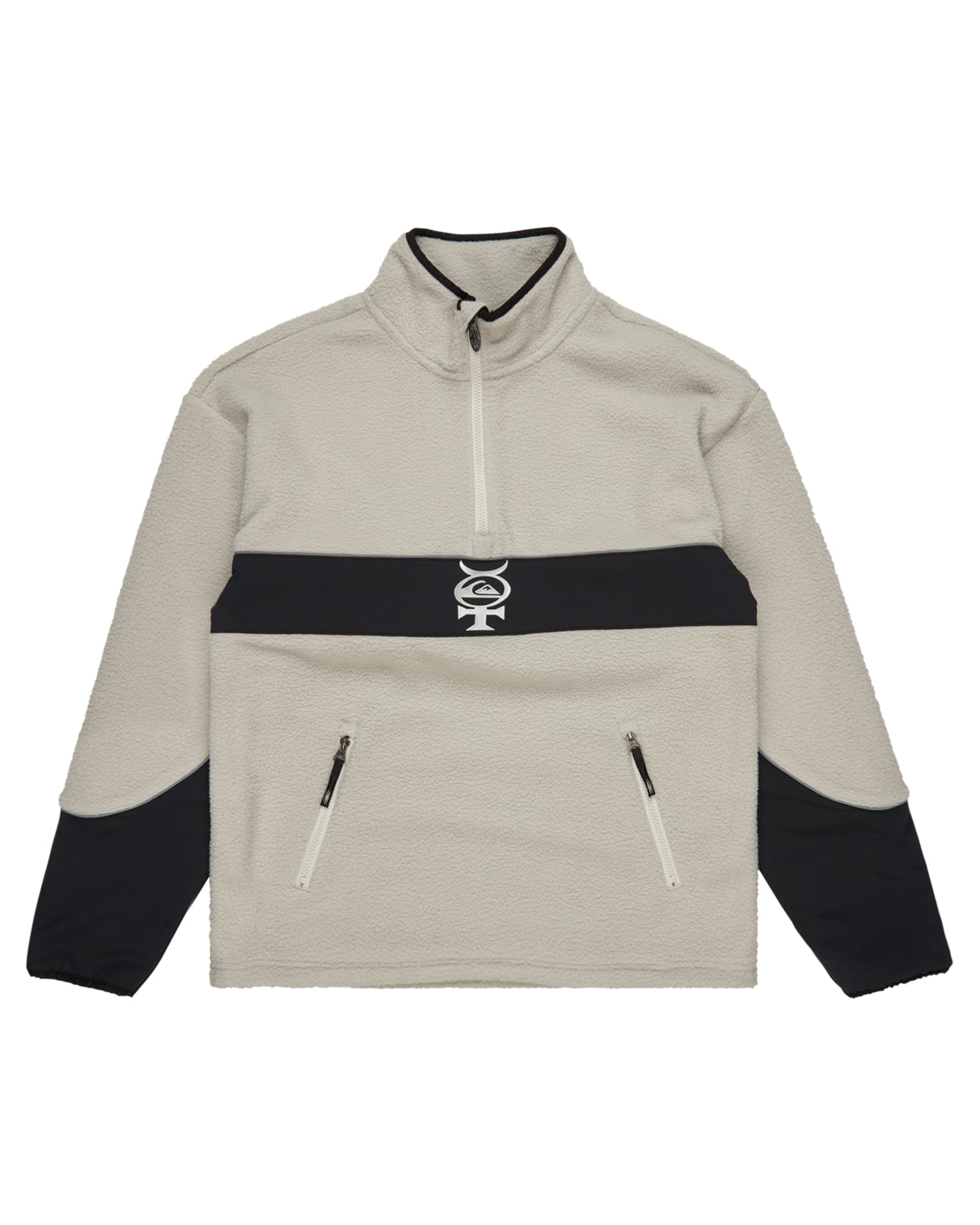 Flat lay of men's light grey and black Quiksilver fleece pullover with contrast panel, zip pockets, and half-zip collar.