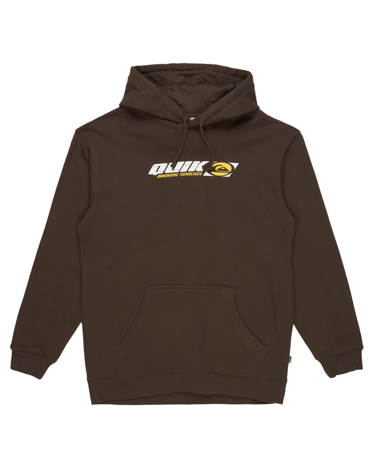 Brown Quiksilver hoodie with a front kangaroo pocket, drawstring hood, and white and yellow logo graphic on the chest.
