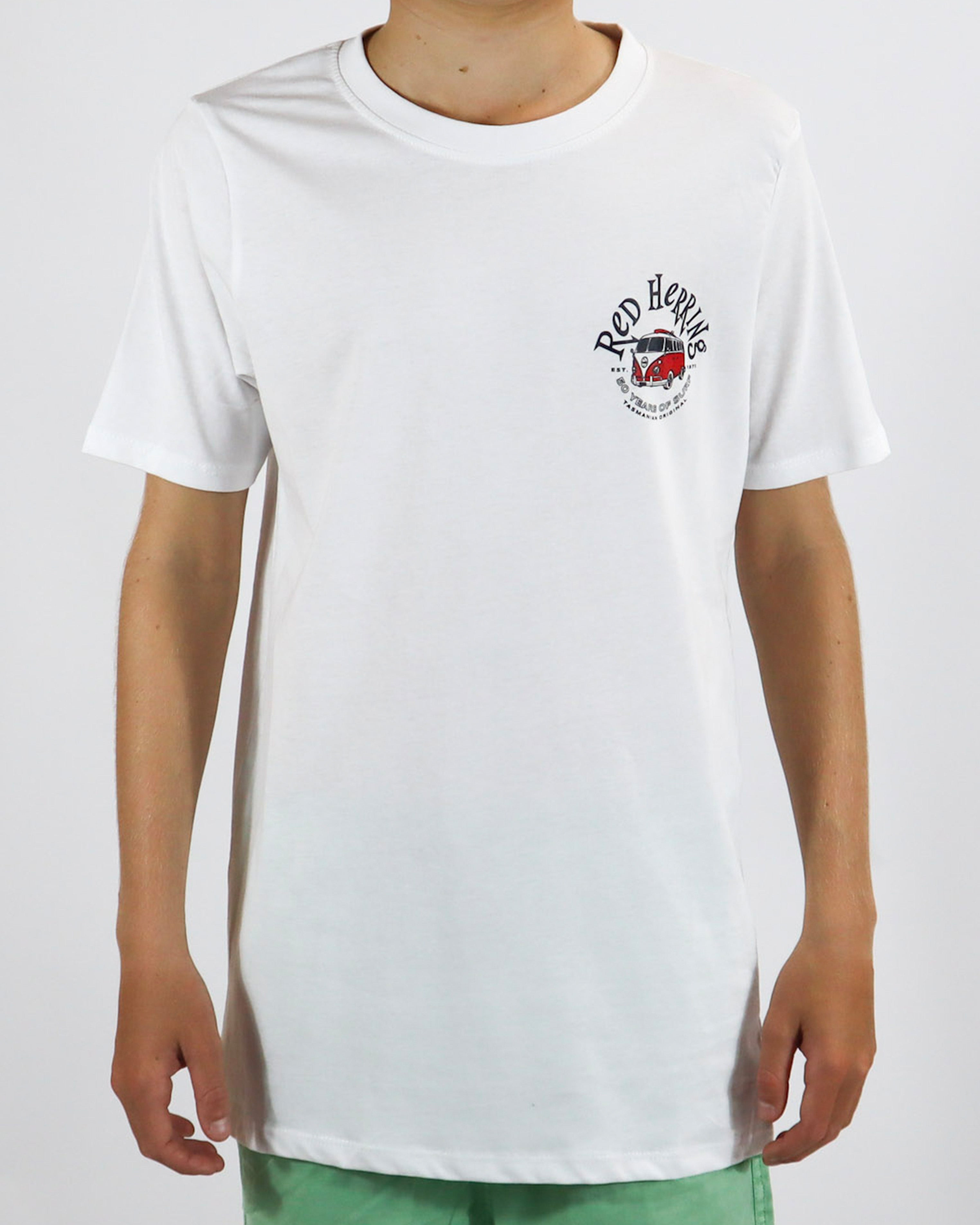 White t-shirt with small Red Herring logo and red van graphic on the left chest.