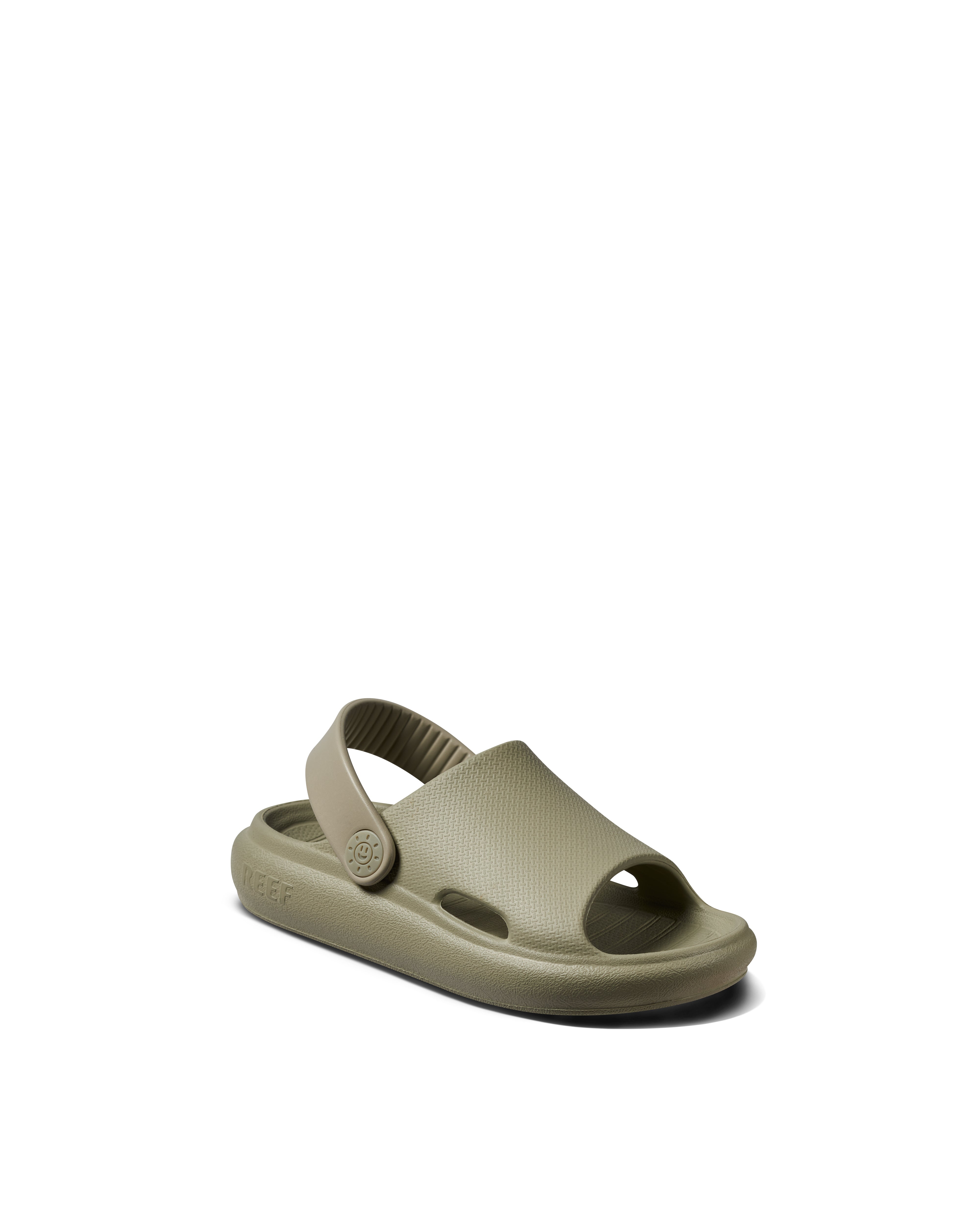 Angled view of kids' olive green slides with secure back strap and toe vents