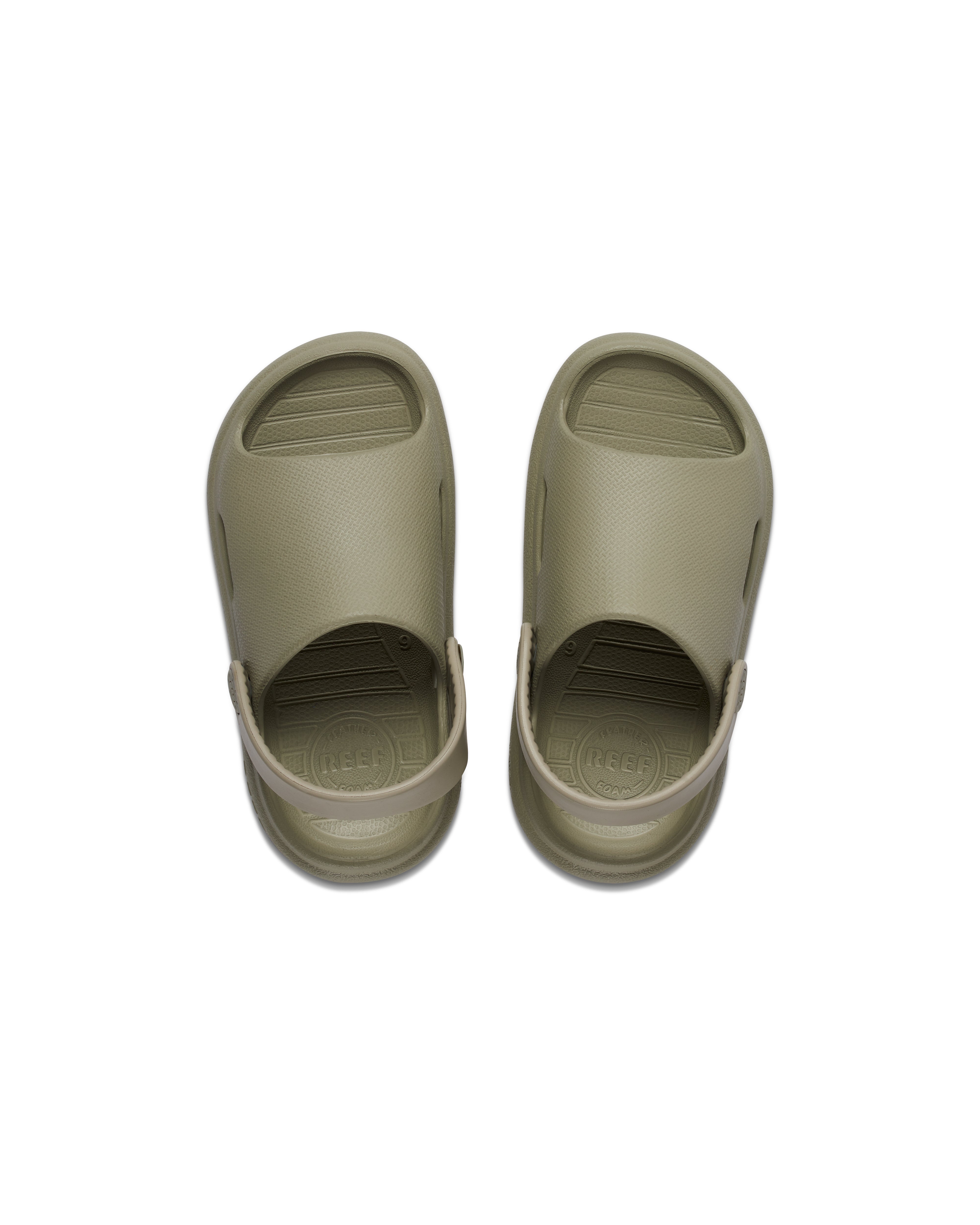 Top view of olive green kids' slides with textured footbed and closed toe