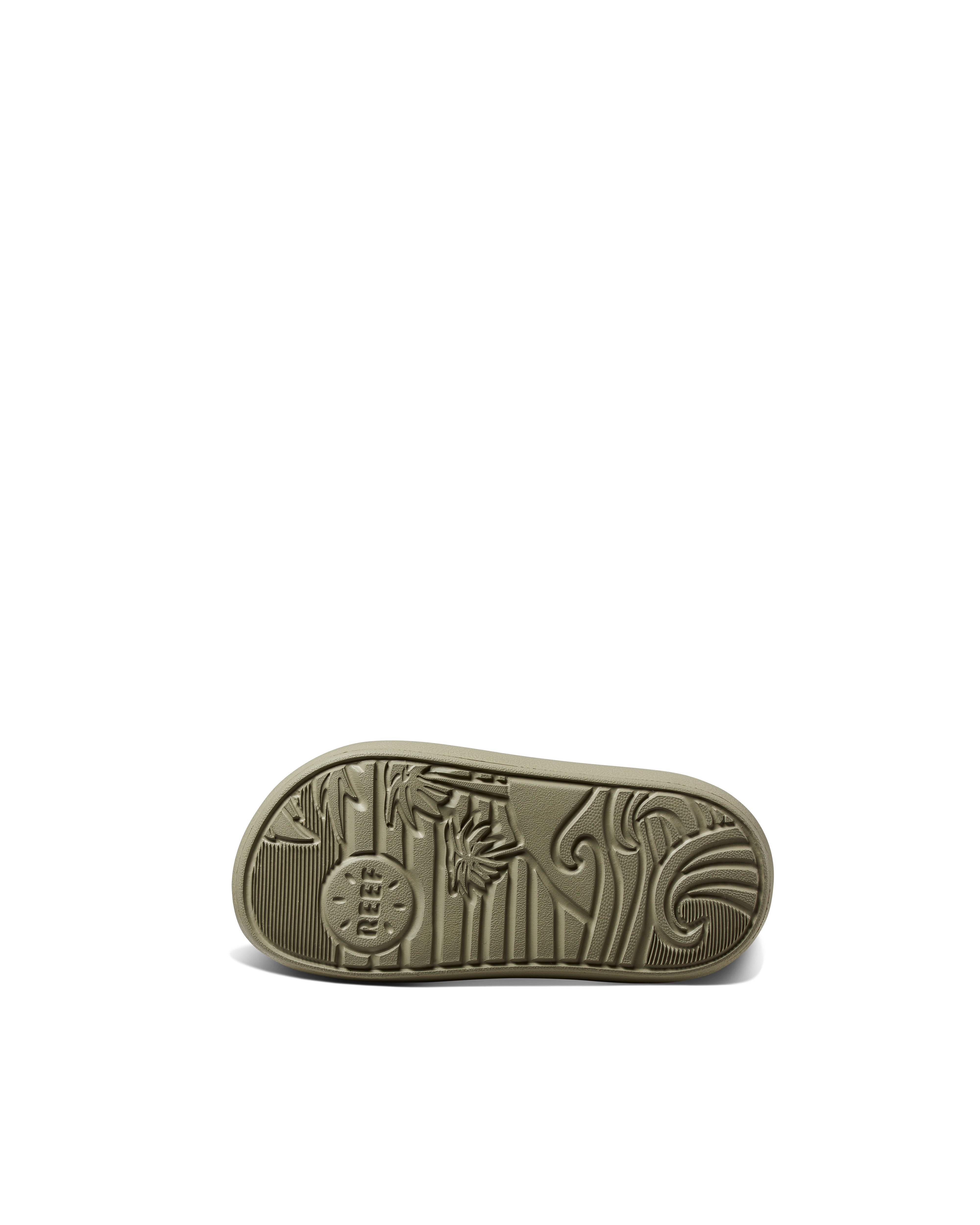 Sole view of olive green kids' sandals featuring embossed wave and tree pattern