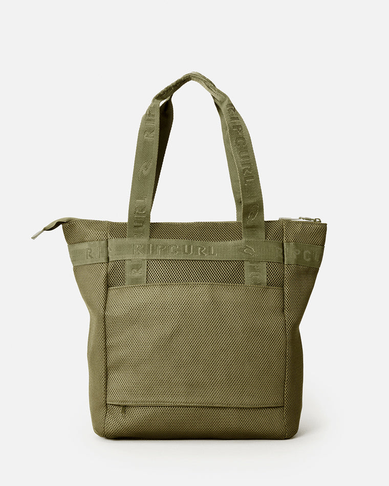 Back view of olive green Rip Curl tote bag with mesh panels, reinforced branded handles, and an open back pocket.