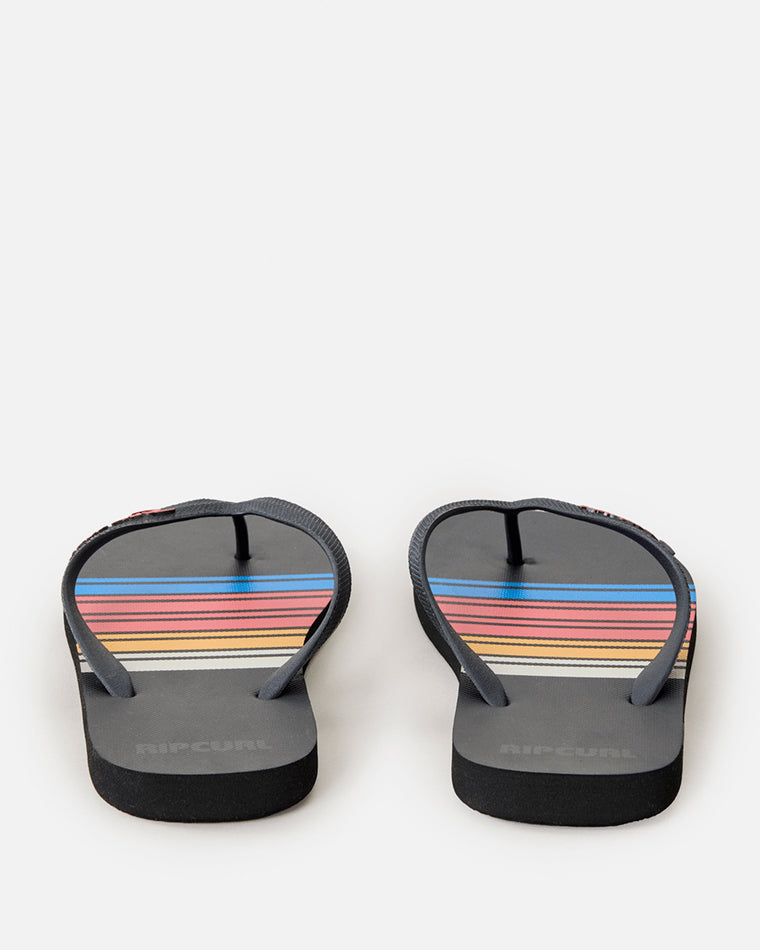 Back view of Rip Curl striped thongs showing heel branding and arch shape