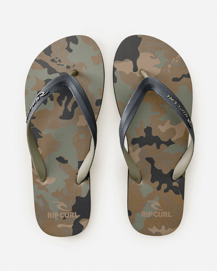 Top view of Rip Curl camo thongs with logo on both footbeds and angled black straps.