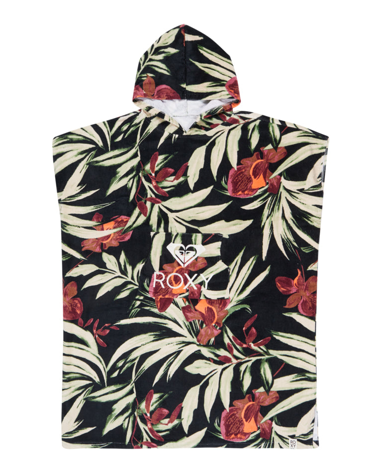 Front view of a black Roxy poncho towel with hood and large pink floral print, logo patch on the front.