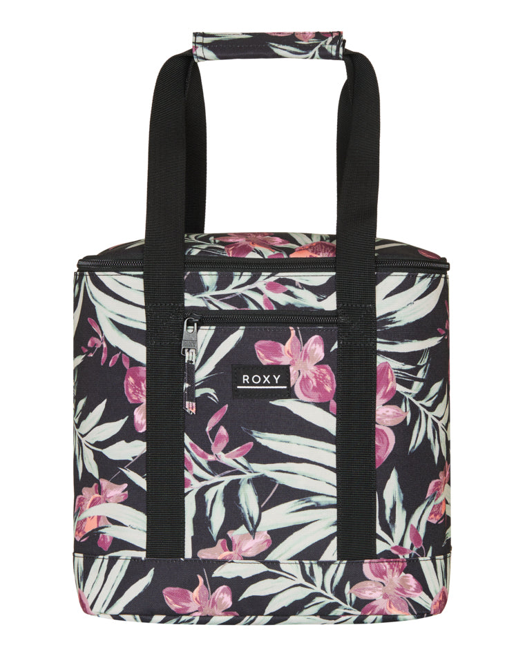 Roxy floral cooler bag with black handles and zip front pocket