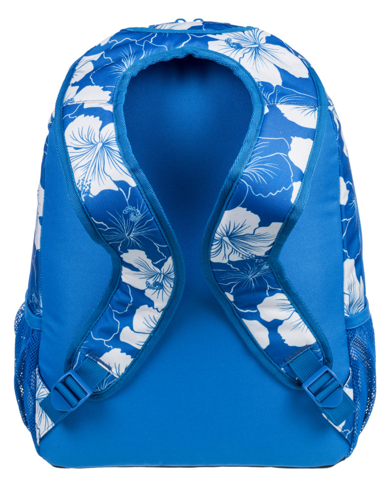 Back view of a blue Roxy backpack featuring a white floral print, padded adjustable shoulder straps, and mesh side pockets.