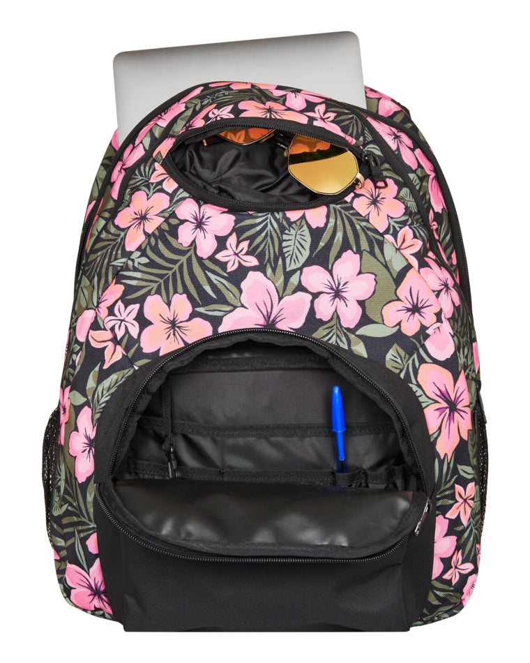 Interior of Roxy floral backpack with padded laptop sleeve, organiser pockets and top zip opening.