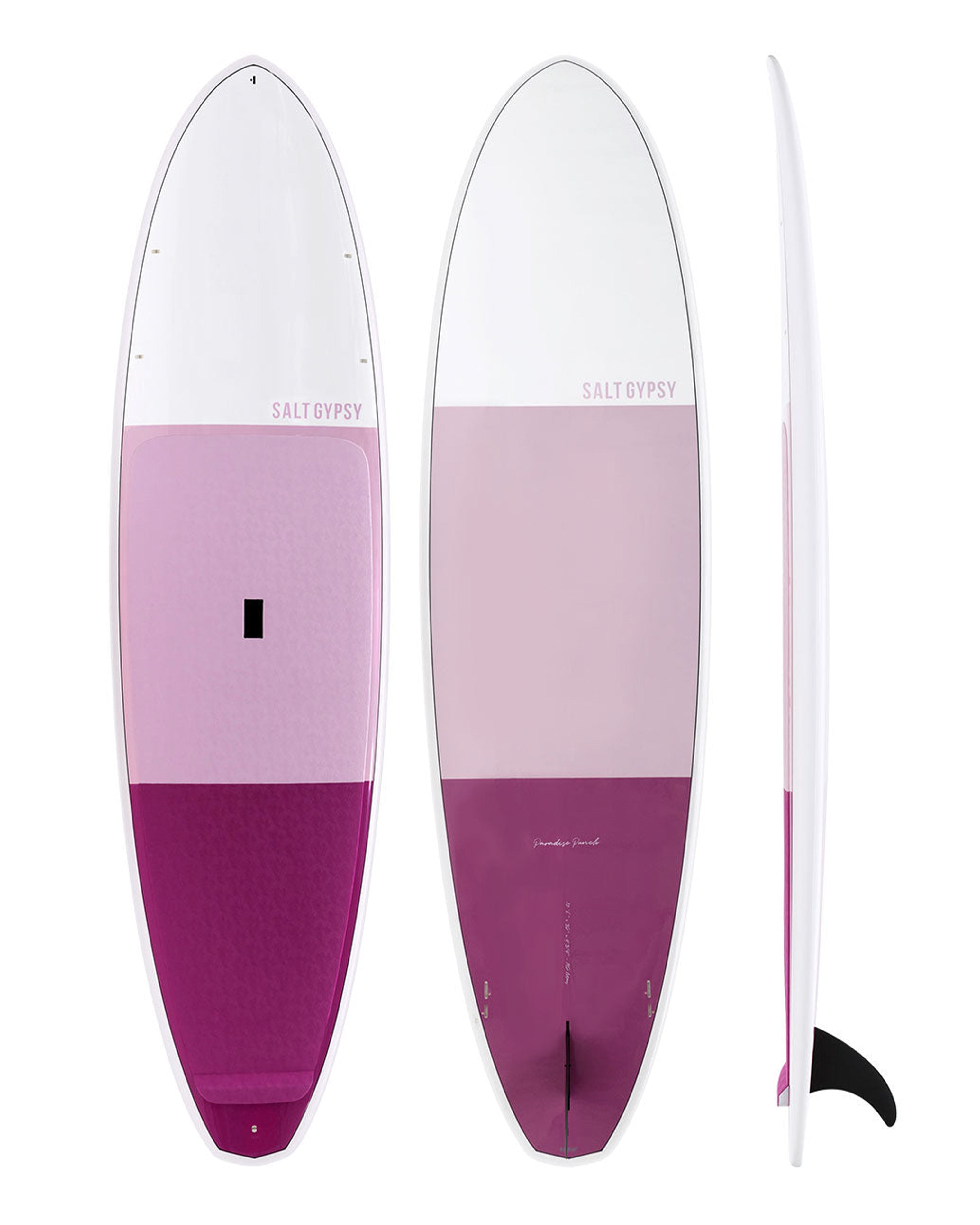 Multiple views of Salt Gypsy paddleboard showing deck, bottom and rail profiles.